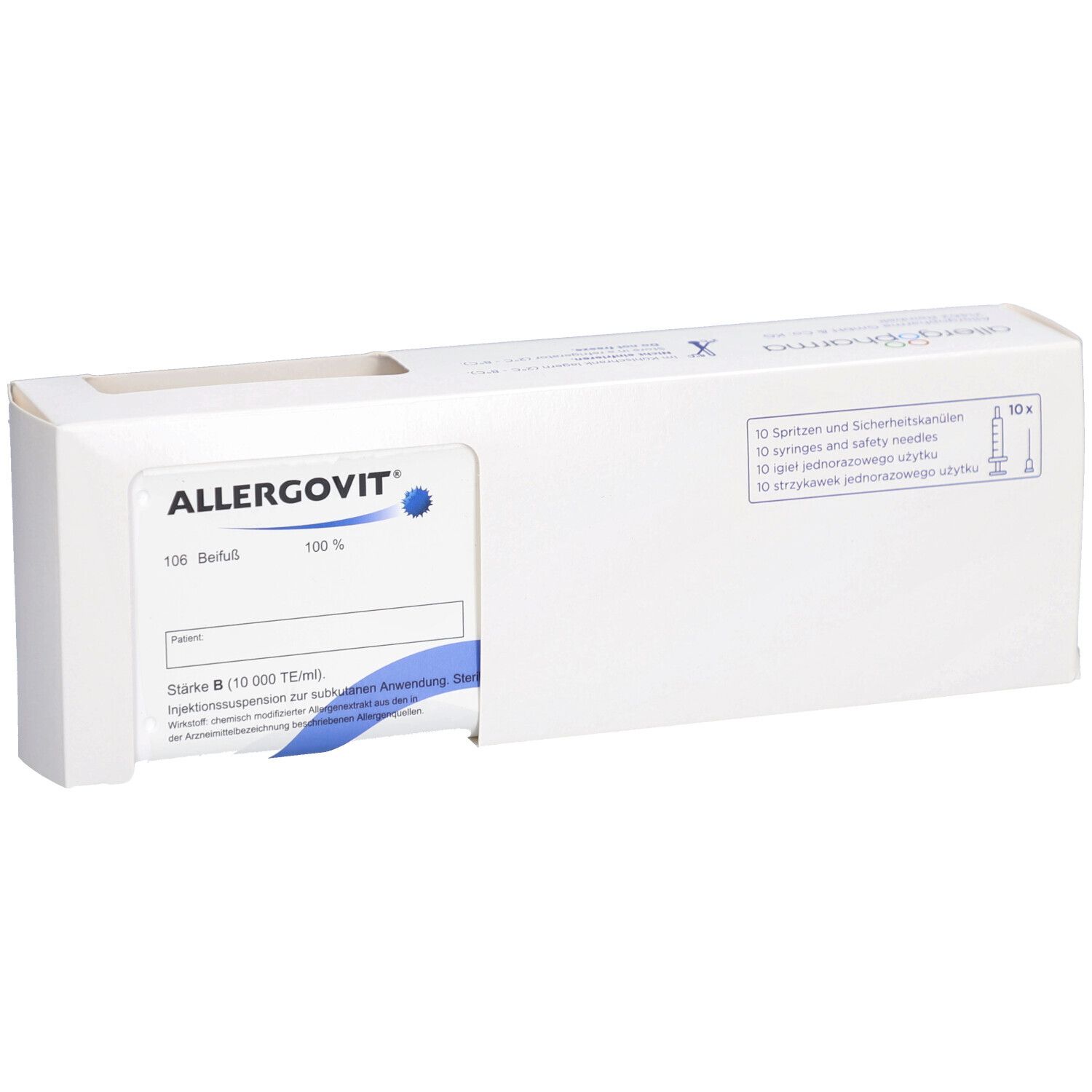Weiße Verpackung mit Aussparung. ALLERGOVIT-Logo und Produktinformationen sichtbar. Enthält 10 Spritzen und Sicherheitsnadeln.