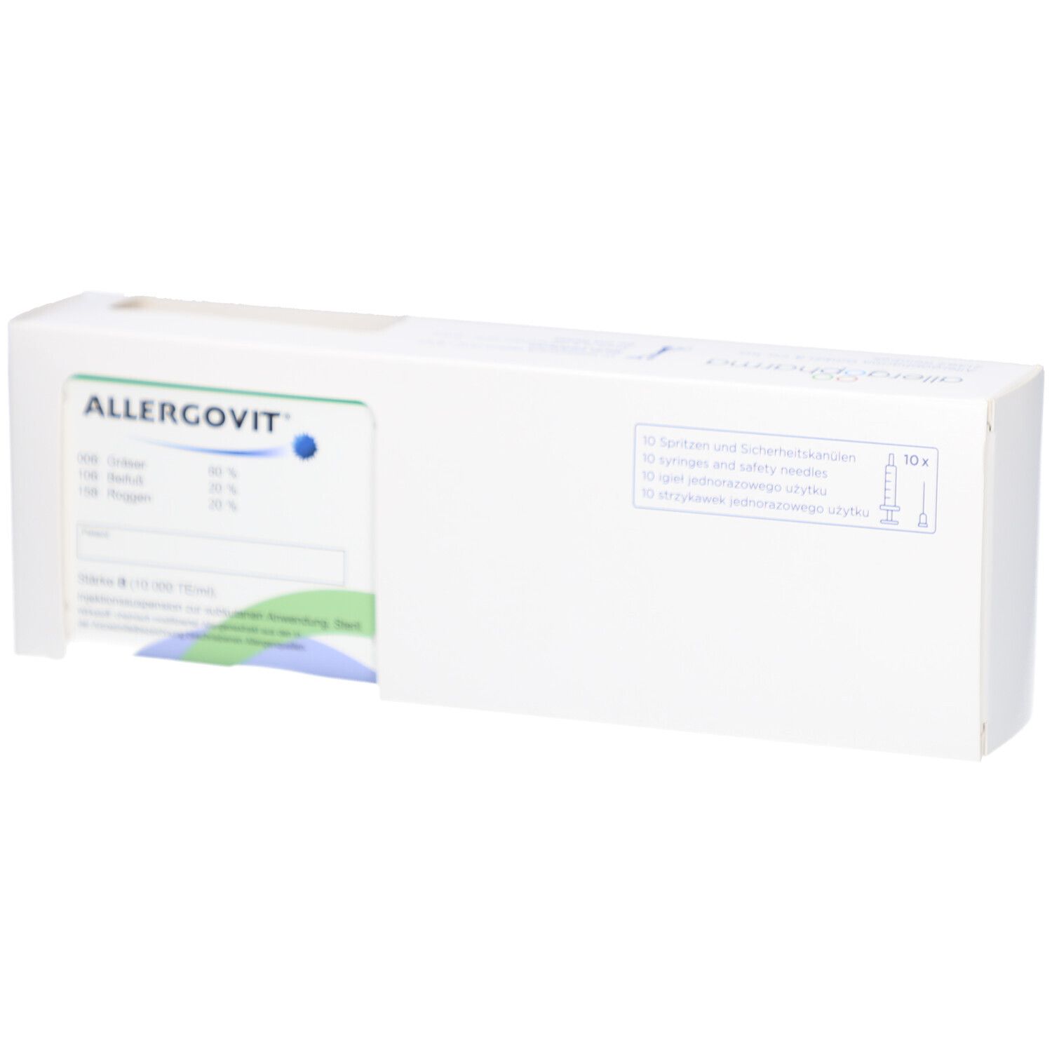 Weiße Produktverpackung mit ALLERGOVIT-Logo und Informationen. Enthält Spritzen und Sicherheitskanülen.