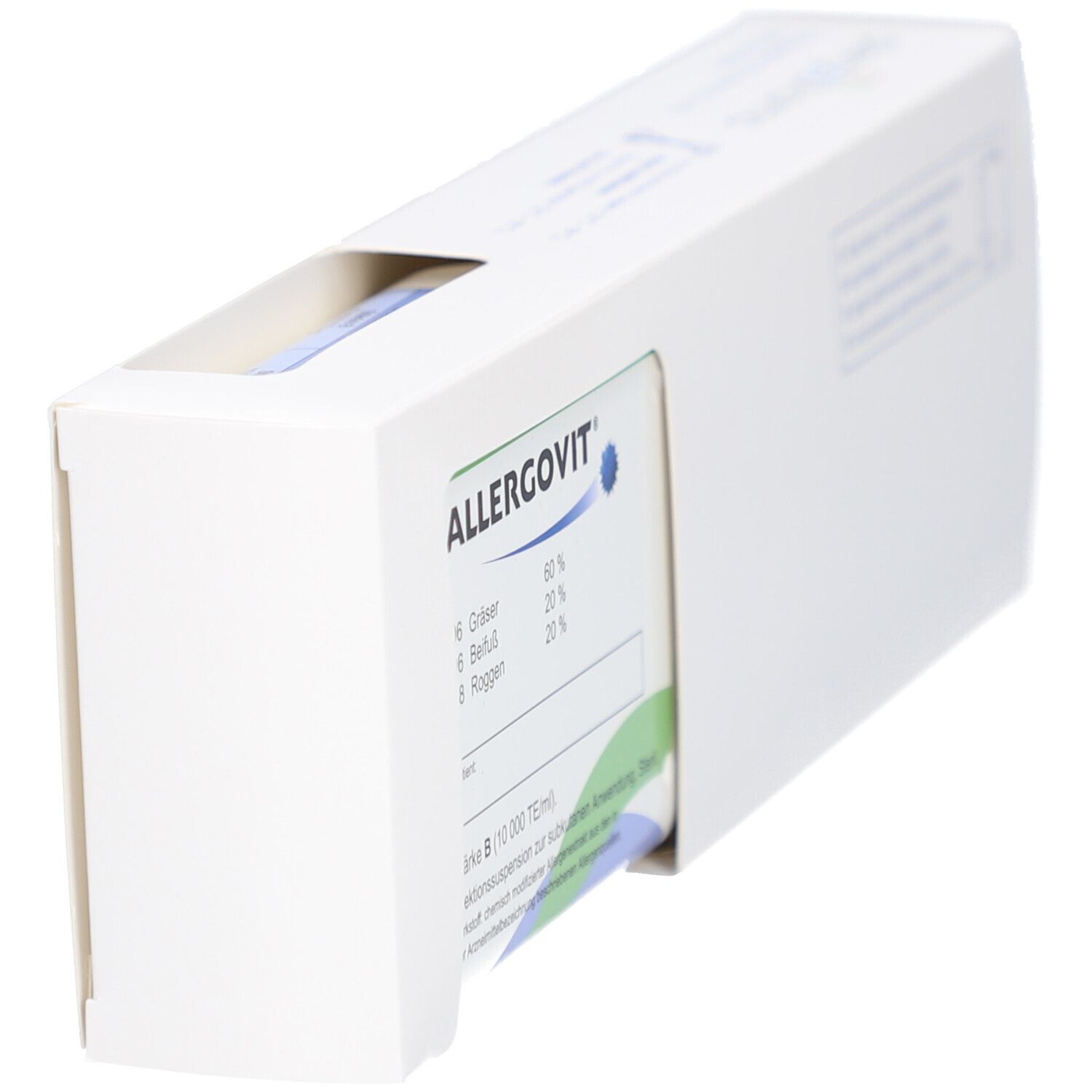 Geöffnete weiße Verpackung mit ALLERGOVIT-Logo und Produktinformationen. Teilweise herausgezogenes Produkt.