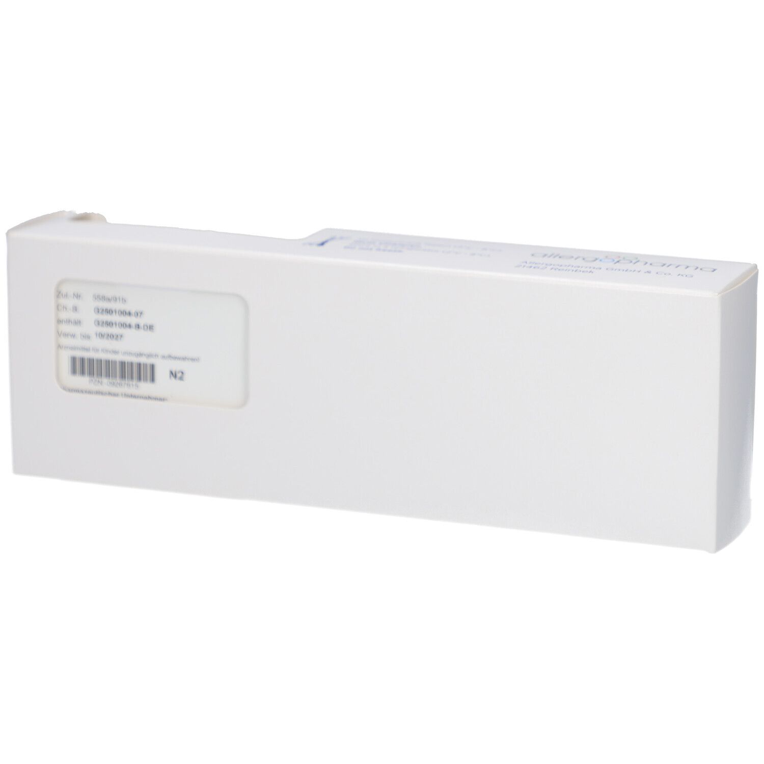 Weiße Verpackung mit Produktinformationen. Enthält Chargennummer und weitere Details.