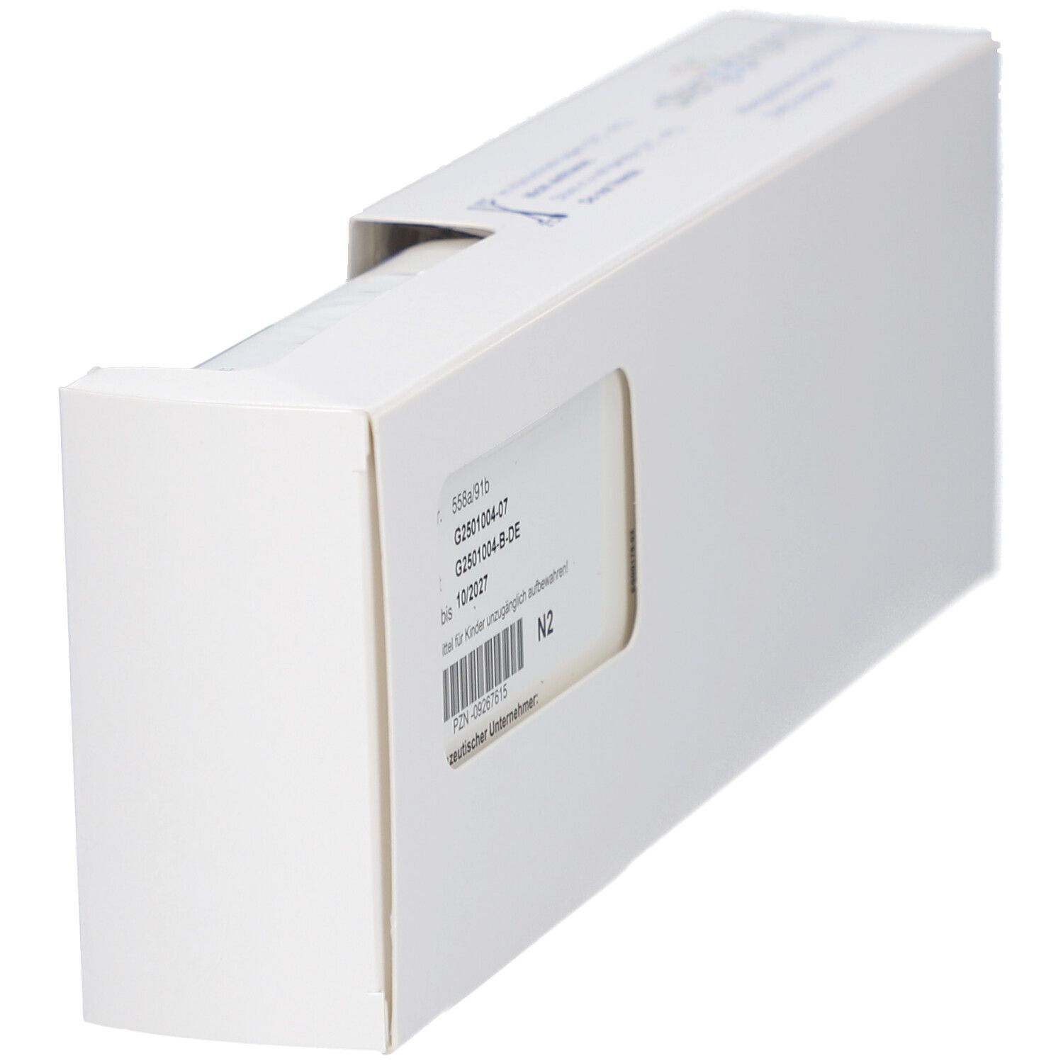 Geöffnete weiße Verpackung mit Produktinformationen. Barcode und weitere Details sichtbar.