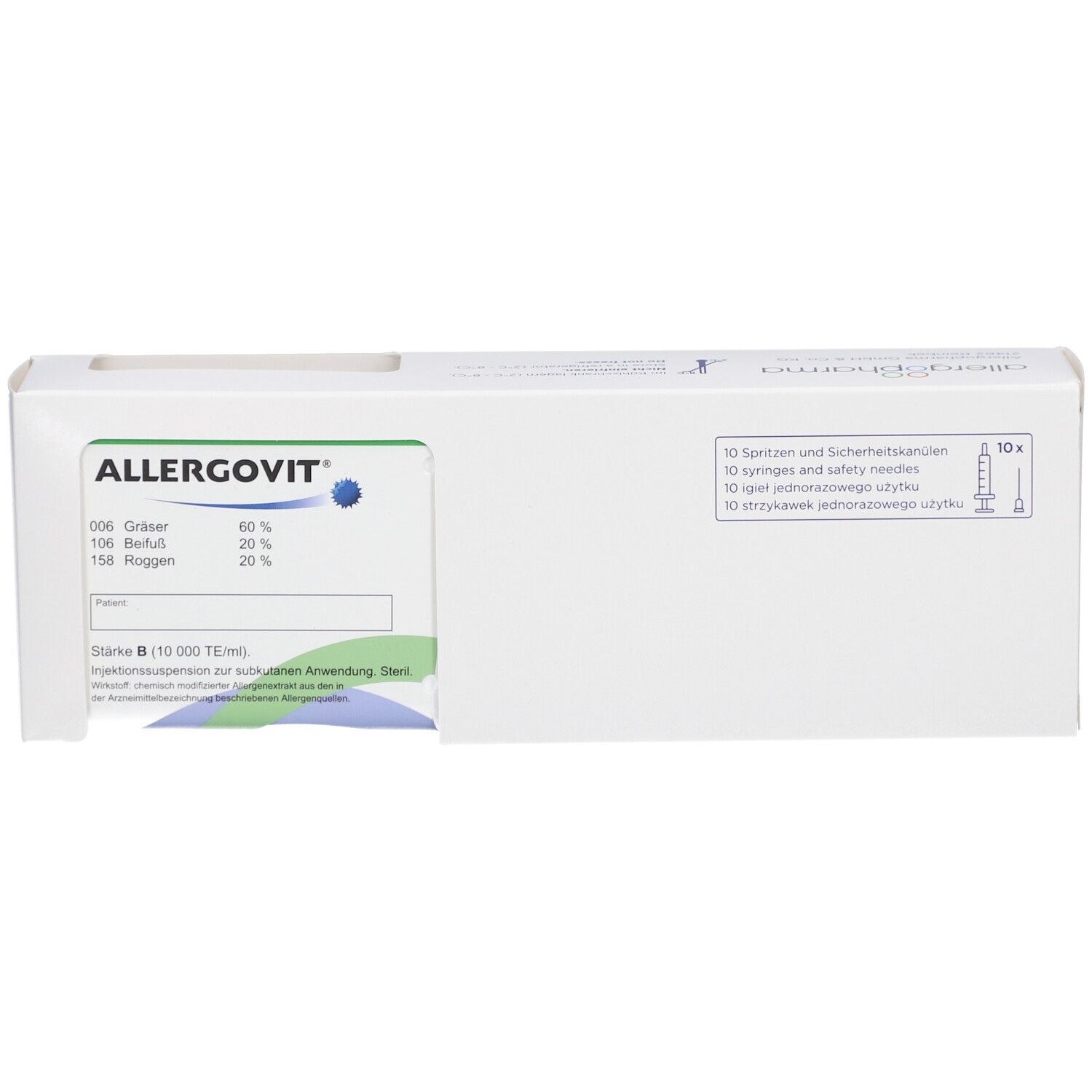 Weiße Verpackung mit ALLERGOVIT-Logo und Produktinformationen. Enthält Spritzen und Sicherheitskanülen.