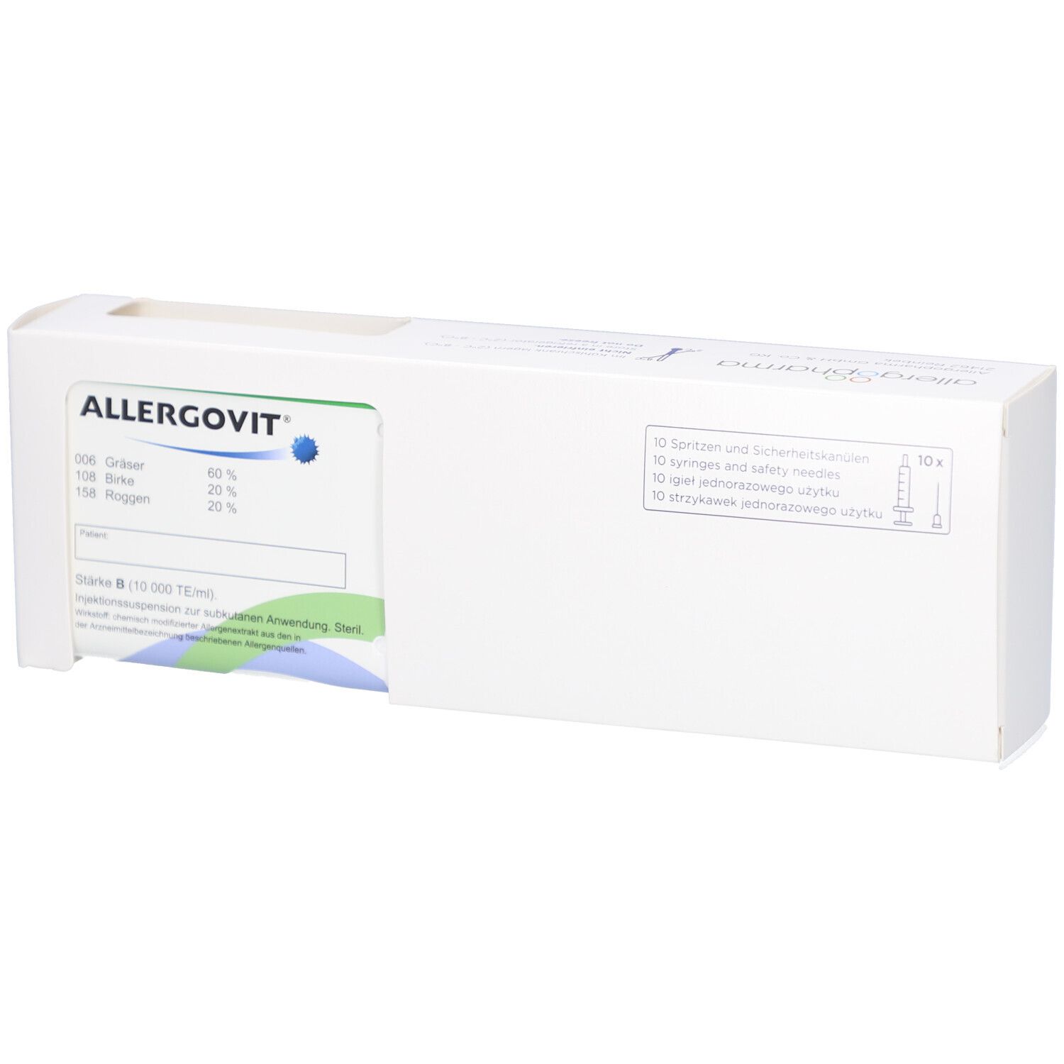 Weiße Produktverpackung mit dem Logo ALLERGOVIT. Enthält 10 Spritzen und Sicherheitskanülen. Aufdruck mit Inhaltsangaben.