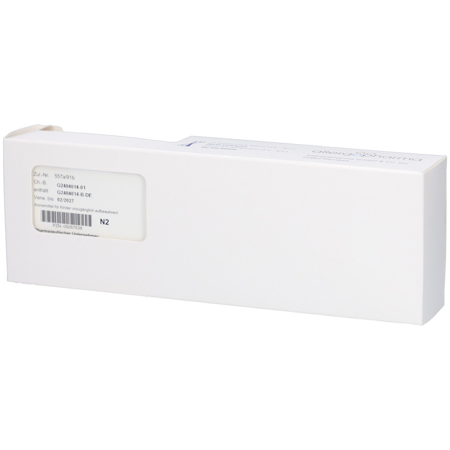 Weiße Produktverpackung mit Aufdrucken. Enthält Informationen und eine Chargennummer. N2-Kennzeichnung.
