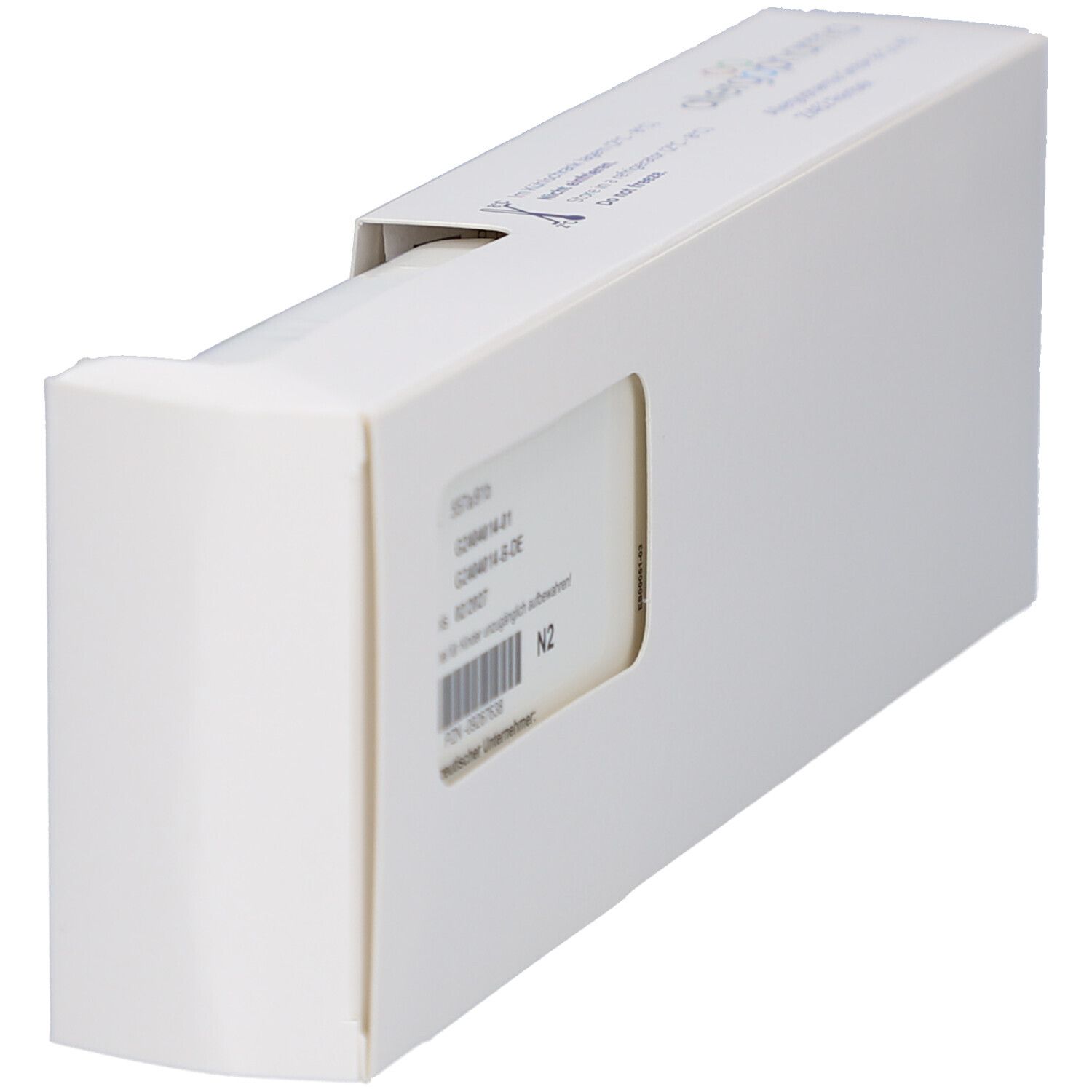 Weiße Produktverpackung mit Aufdrucken. Teilweise geöffnet, zeigt Informationen und Chargennummer. N2-Kennzeichnung.