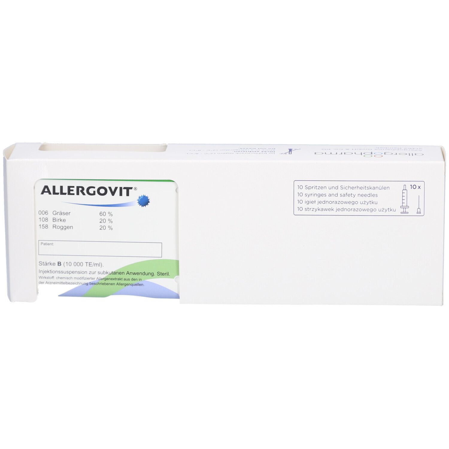 Weiße Produktverpackung mit Logo ALLERGOVIT. Enthält 10 Spritzen und Sicherheitskanülen. Aufdruck mit Inhaltsangaben.