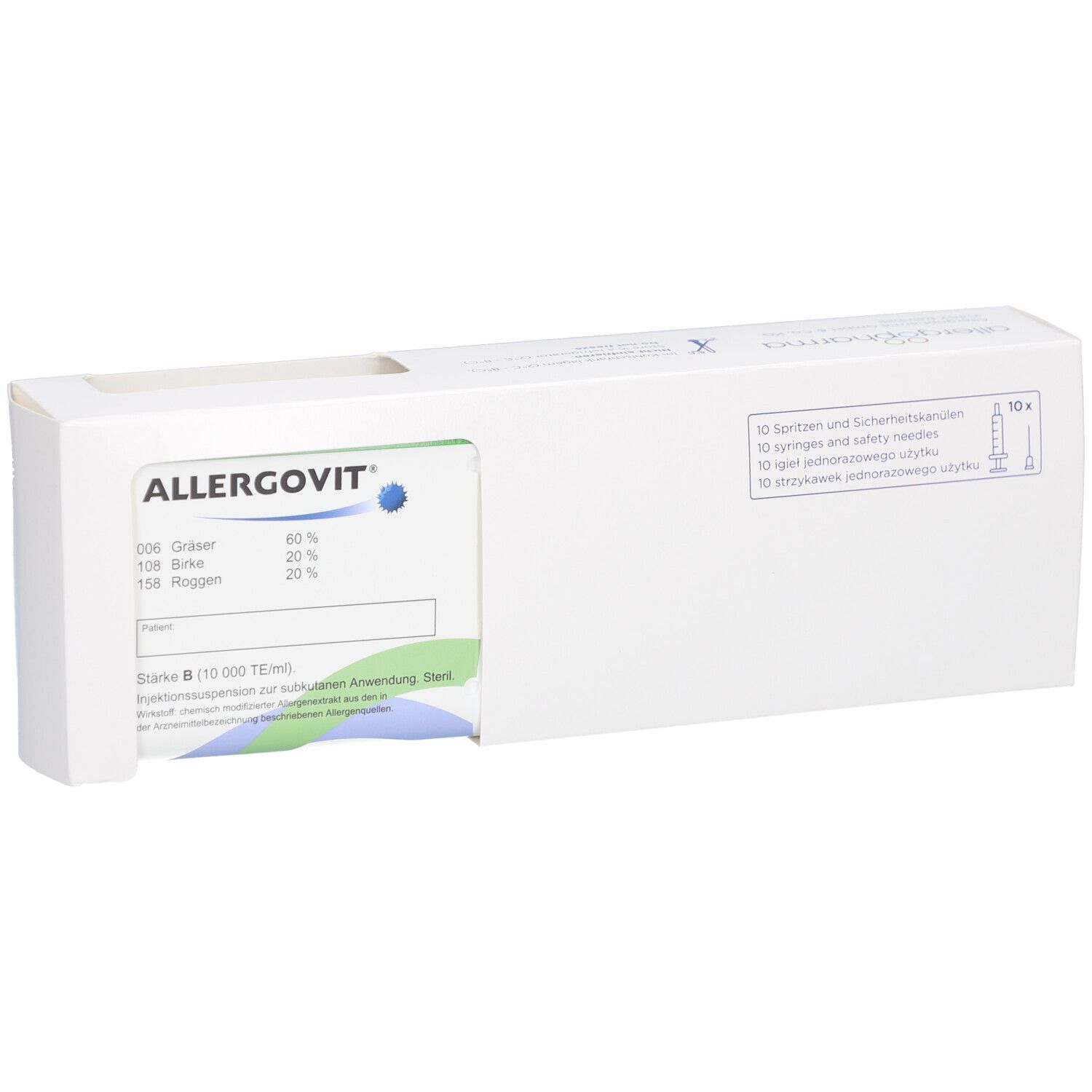 Weiße Produktverpackung mit Logo ALLERGOVIT. Enthält 10 Spritzen und Sicherheitskanülen. Aufdruck mit Inhaltsangaben.