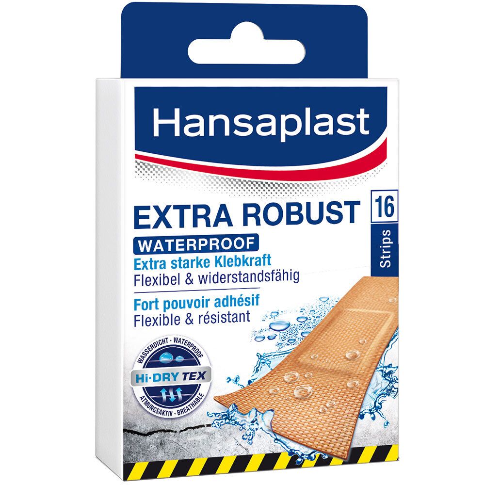 Verpackung von Hansaplast® Extra Robust Waterproof Pflastern. 16 Stück. Wasserdicht, flexibel und widerstandsfähig. Hi-Dry Tex Technologie.