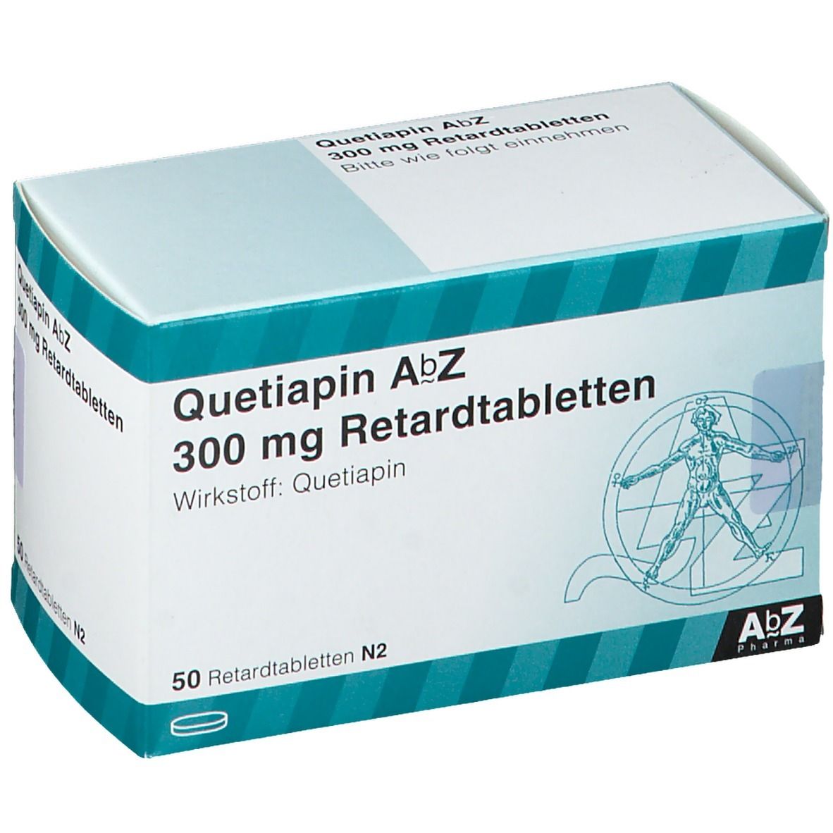 Schachtel mit Aufschrift Quetiapin AbZ 300 mg Retardtabletten. Enthält 50 Tabletten. AbZ Pharma Logo.
