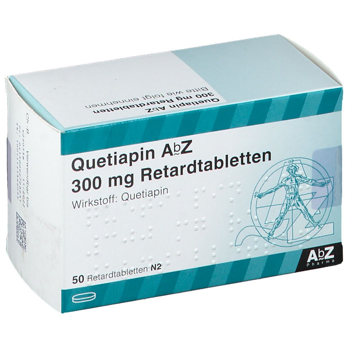 Schachtel mit Aufschrift Quetiapin AbZ 300 mg Retardtabletten. Enthält 50 Tabletten. AbZ Pharma Logo. Braille-Schrift.