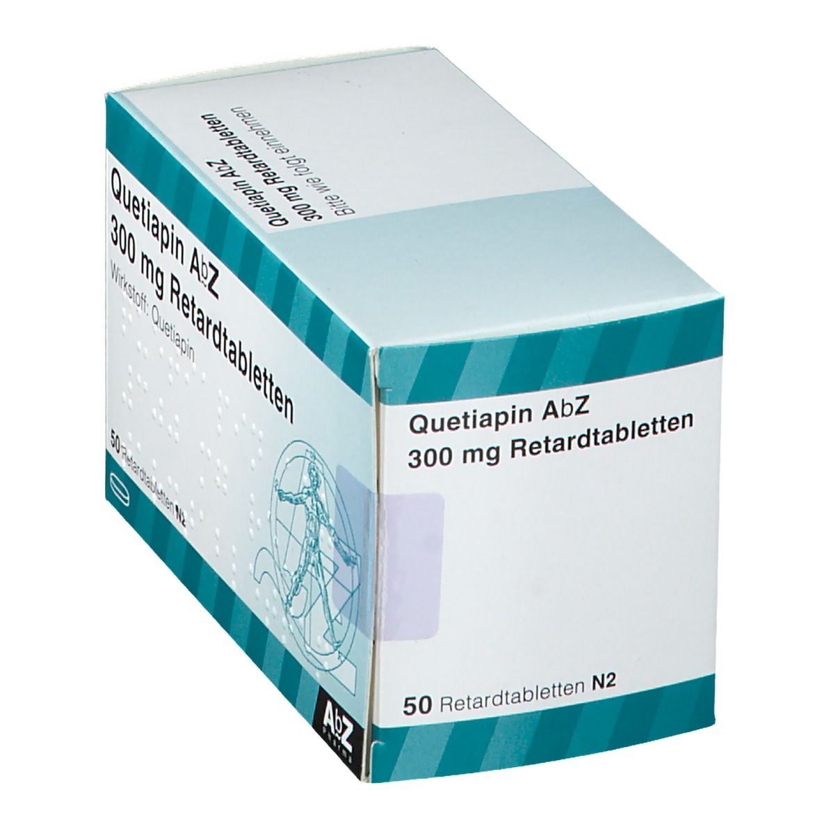 Schachtel mit Quetiapin AbZ 300 mg Retardtabletten. Enthält 50 Tabletten. AbZ Pharma Logo. Schrägansicht.
