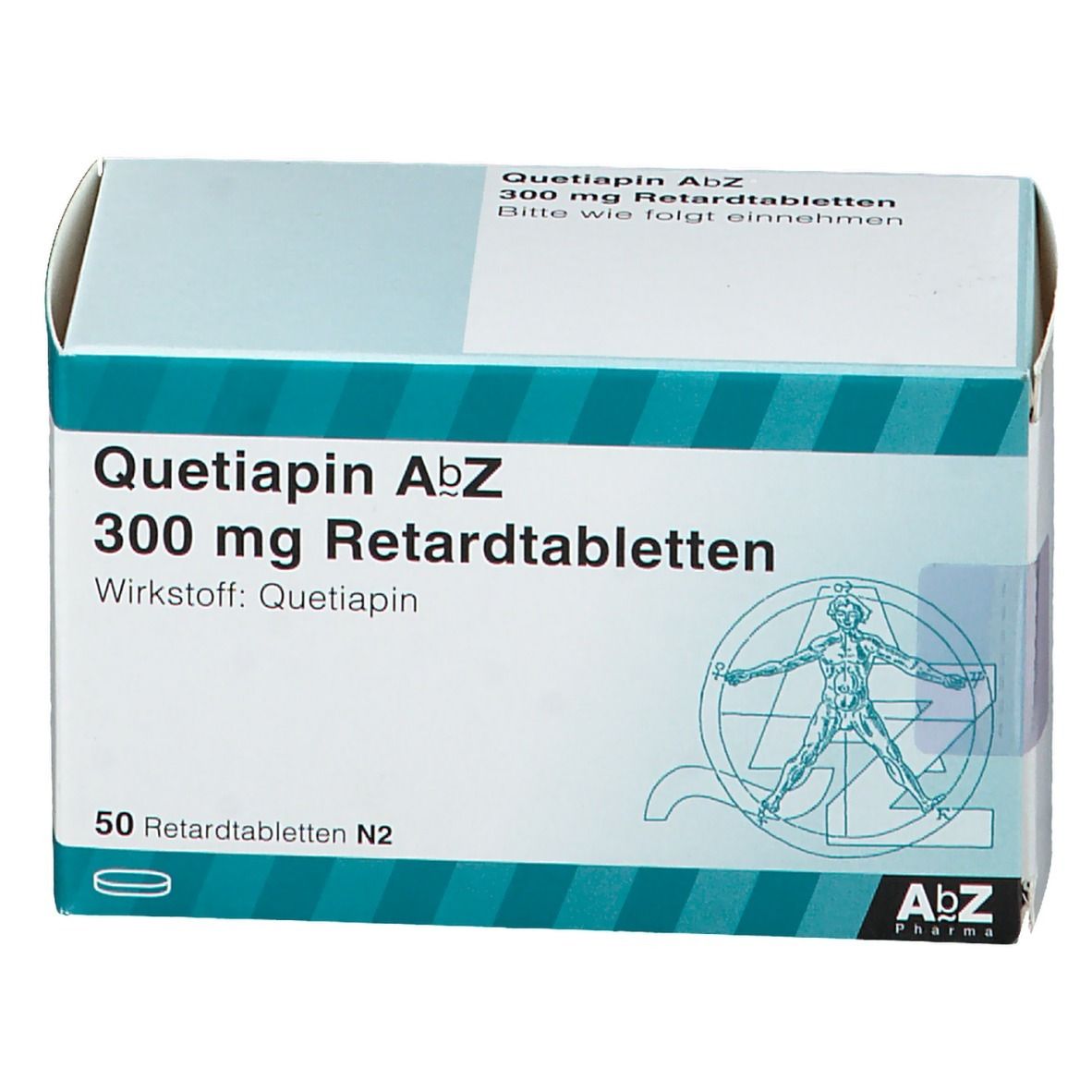 Schachtel mit Quetiapin AbZ 300 mg Retardtabletten. Enthält 50 Tabletten. AbZ Pharma Logo. Schrägansicht.
