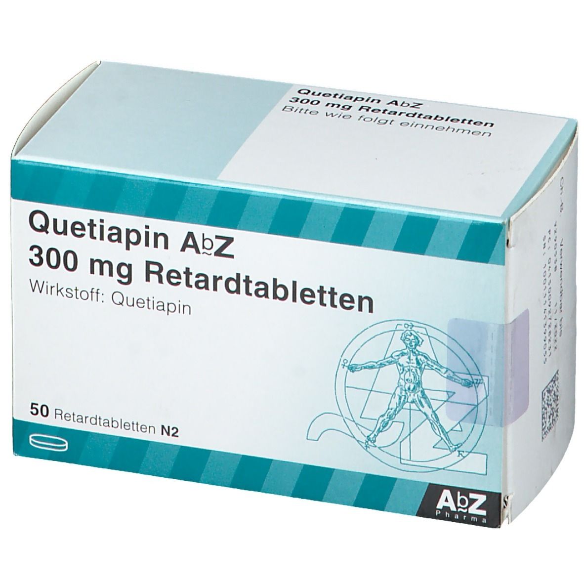 Schachtel mit Quetiapin AbZ 300 mg Retardtabletten. Enthält 50 Tabletten. AbZ Pharma Logo. Schrägansicht.