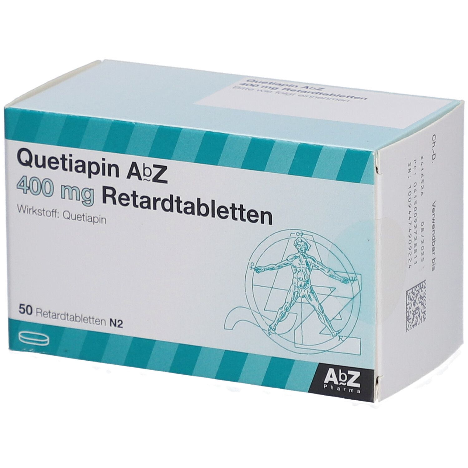 Quetiapin AbZ 400 mg Retardtabletten-Packung. 50 Tabletten. AbZ Pharma Logo. Blaue und weiße Verpackung.