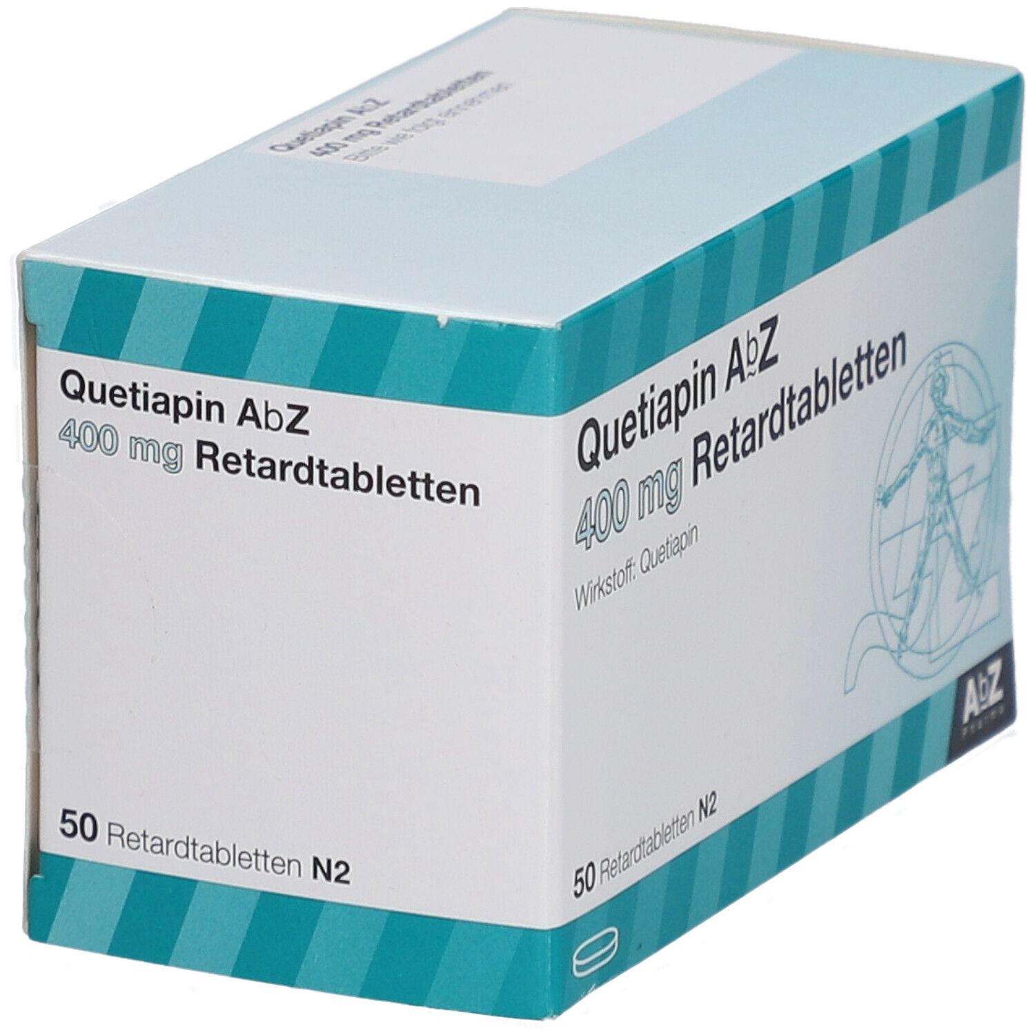 Quetiapin AbZ 400 mg Retardtabletten-Packung. 50 Tabletten. AbZ Pharma Logo. Blaue und weiße Verpackung.