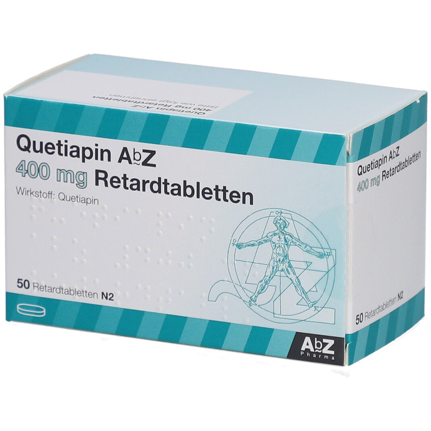 Quetiapin AbZ 400 mg Retardtabletten-Packung. 50 Tabletten. AbZ Pharma Logo. Blaue und weiße Verpackung.