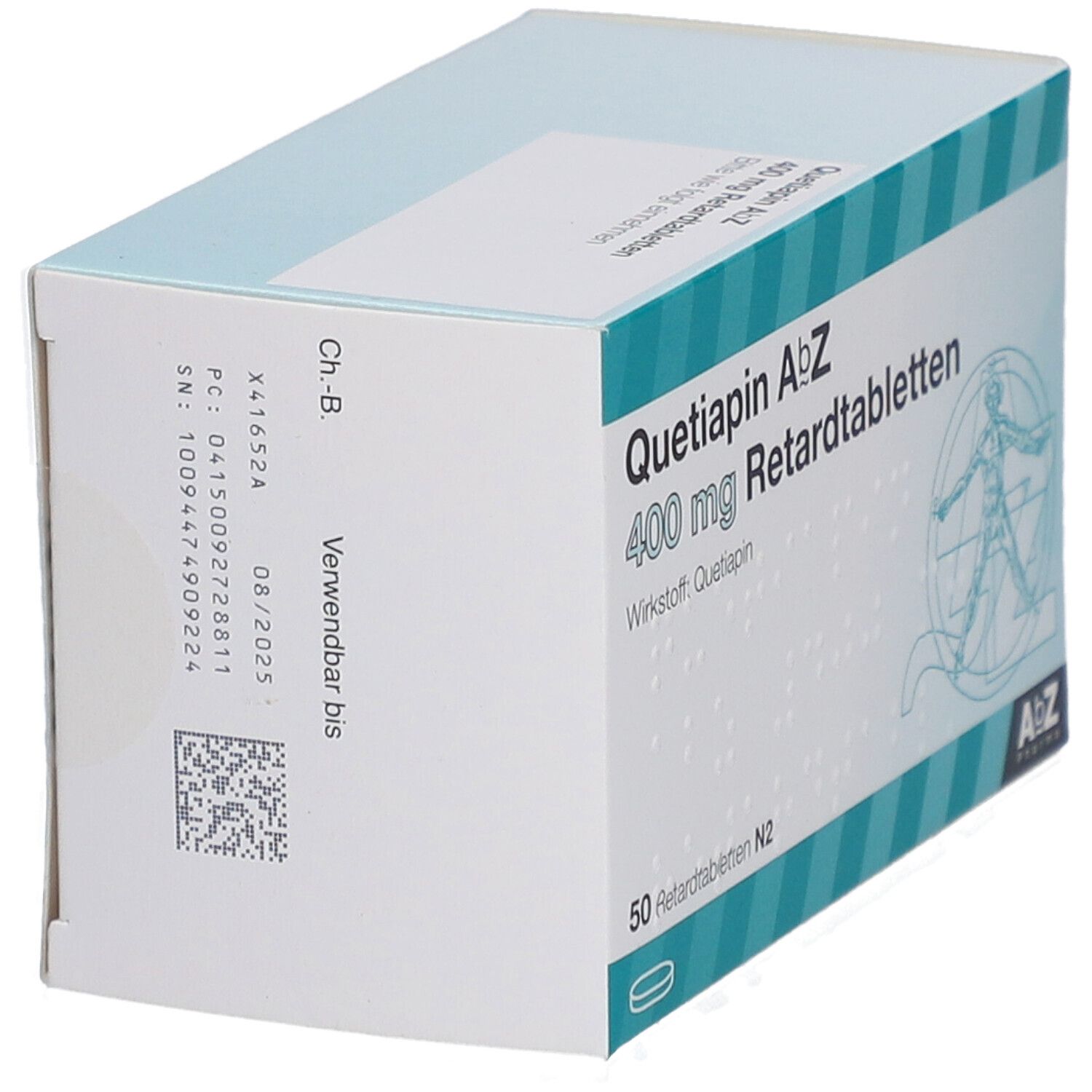 Quetiapin AbZ 400 mg Retardtabletten-Packung. 50 Tabletten. AbZ Pharma Logo. Blaue und weiße Verpackung. Verfallsdatum.