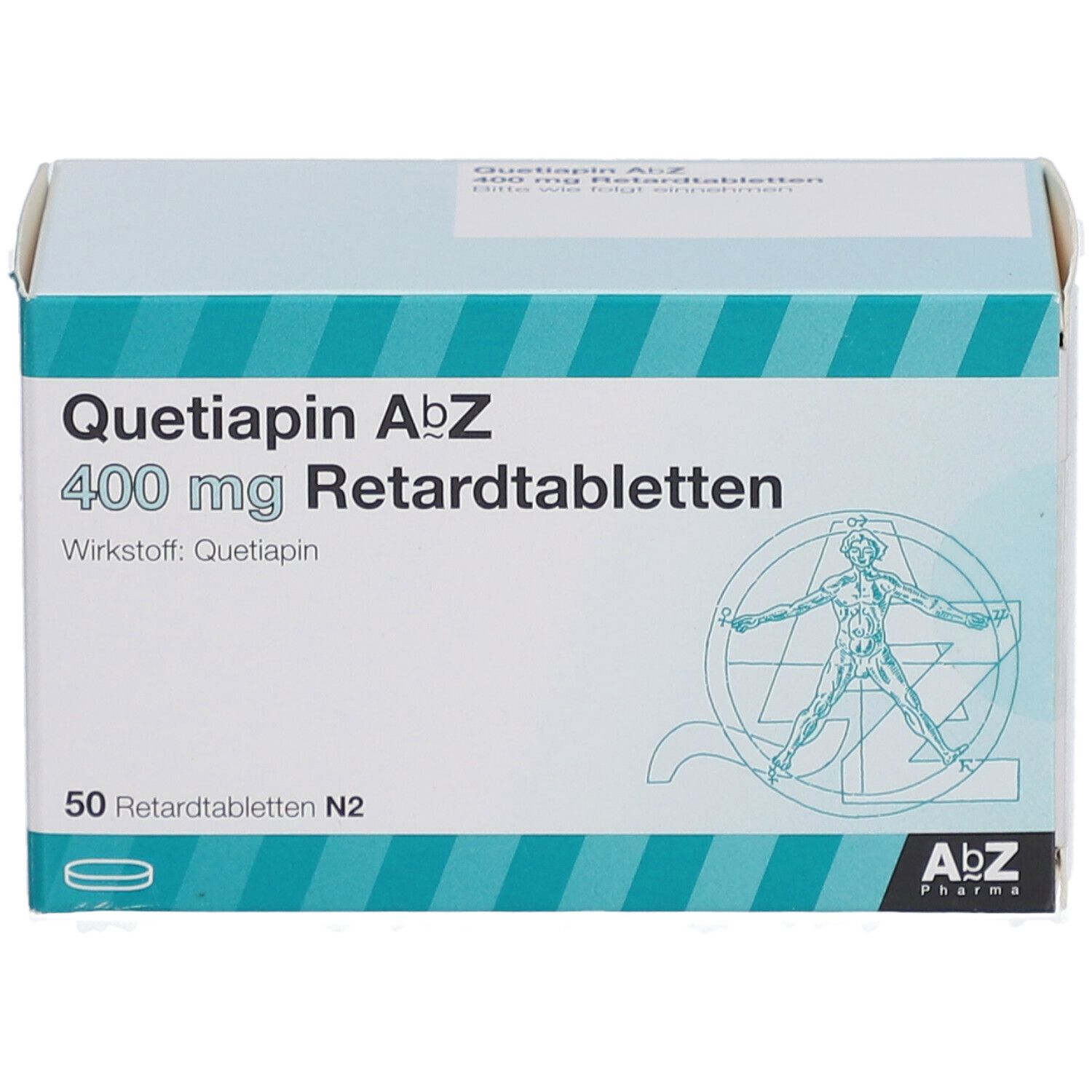 Quetiapin AbZ 400 mg Retardtabletten-Packung. 50 Tabletten. AbZ Pharma Logo. Blaue und weiße Verpackung.