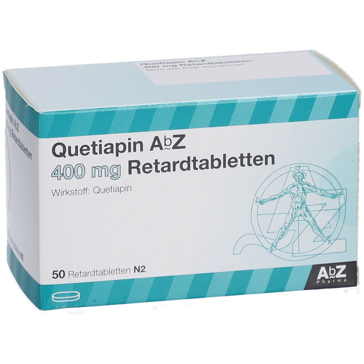 Quetiapin AbZ 400 mg Retardtabletten-Packung. 50 Tabletten. AbZ Pharma Logo. Blaue und weiße Verpackung.