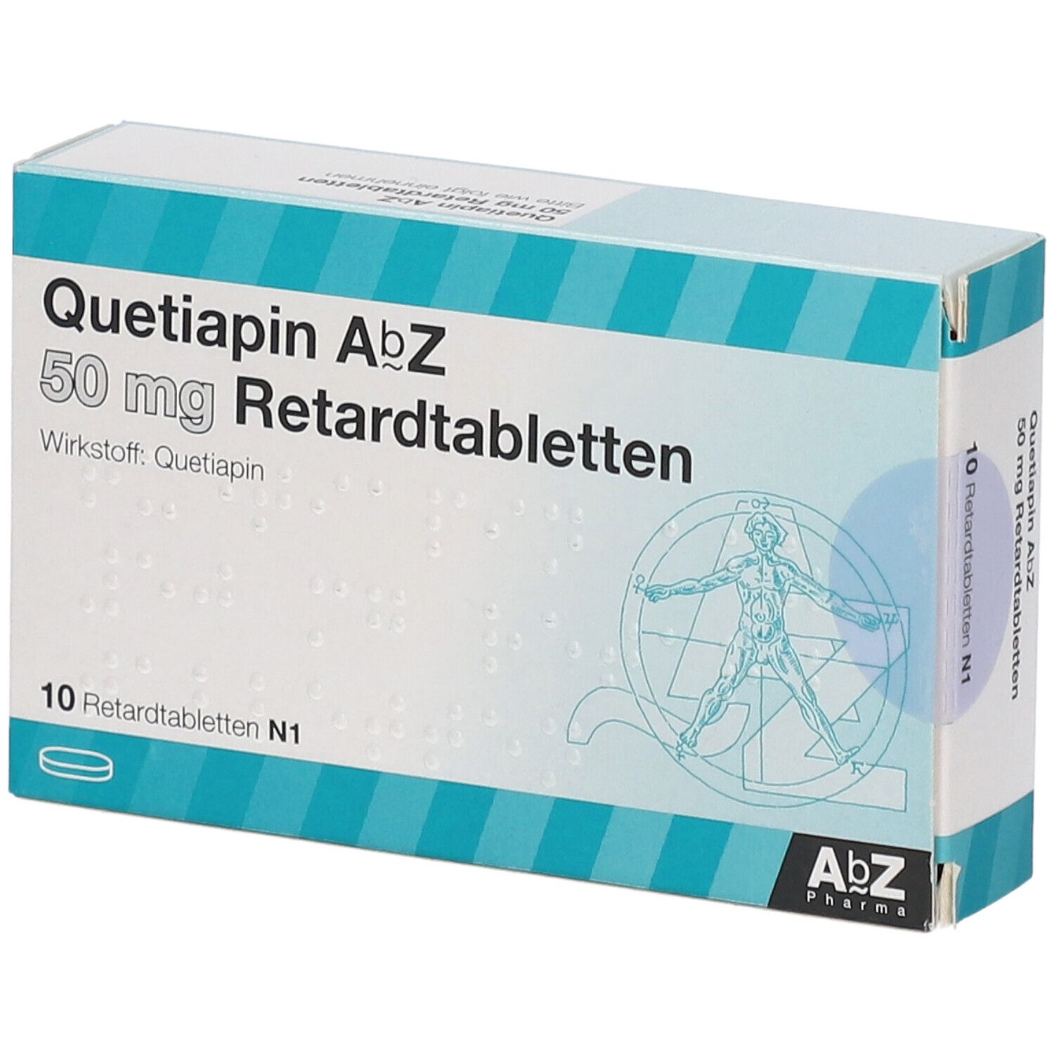 Vorderseite der Verpackung Quetiapin AbZ 50 mg Retardtabletten mit Dosierung.
