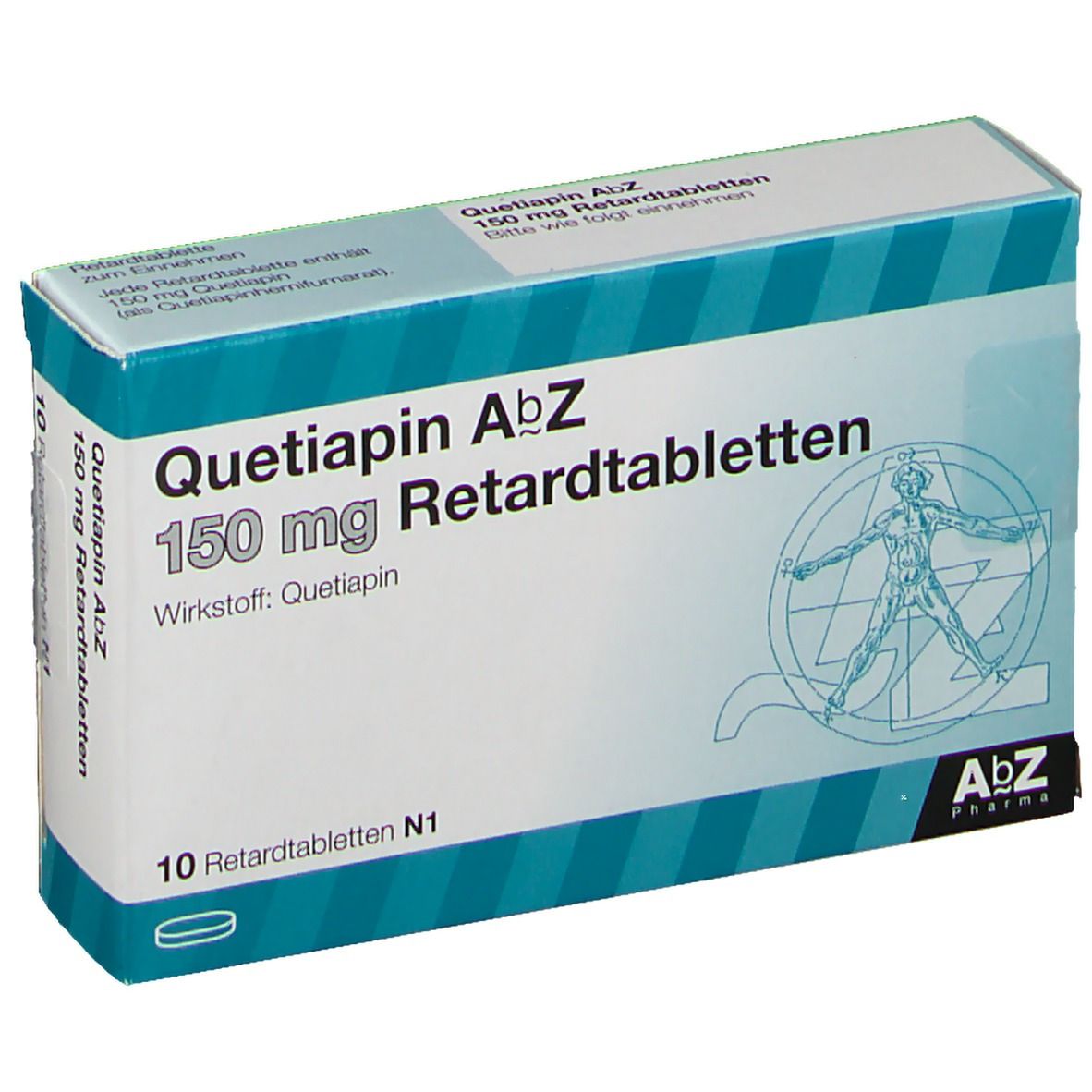 Schachtel mit Quetiapin AbZ 150 mg Retardtabletten. 10 Tabletten. AbZ Pharma Logo. Türkis und weiß.
