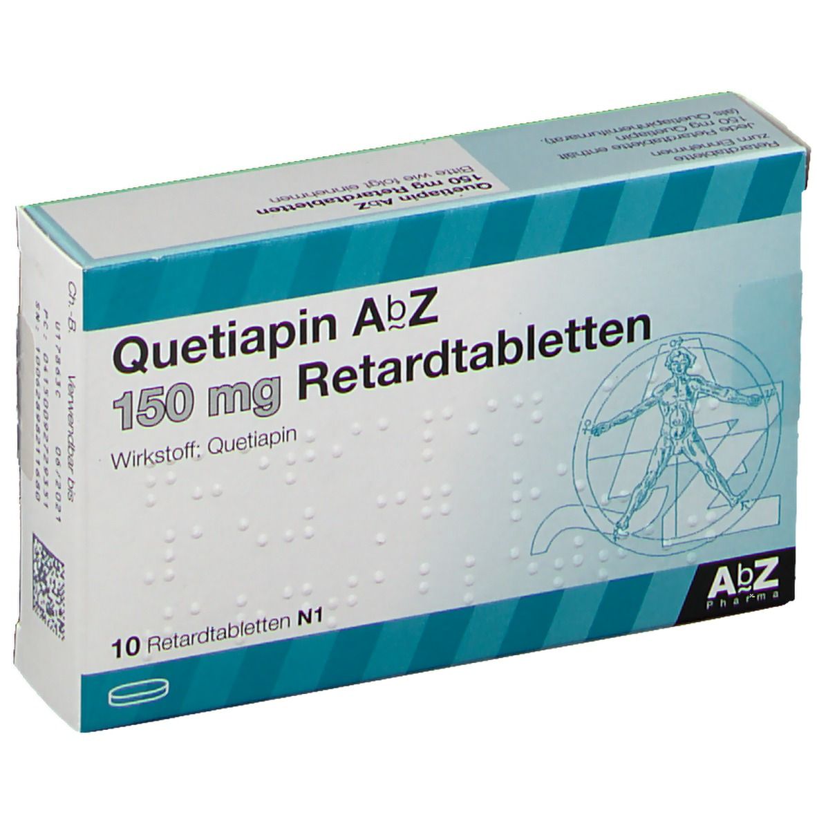 Schachtel mit Quetiapin AbZ 150 mg Retardtabletten. 10 Tabletten. AbZ Pharma Logo. Türkis und weiß.