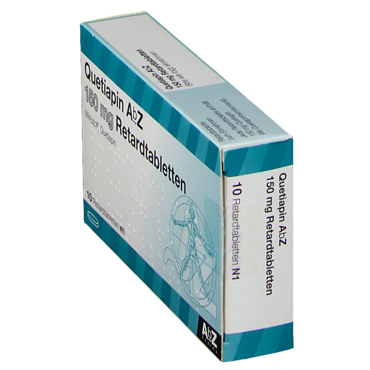 Schachtel Quetiapin AbZ 150 mg Retardtabletten. 10 Tabletten. AbZ Pharma Logo. Türkis und weiß. Schräge Ansicht.