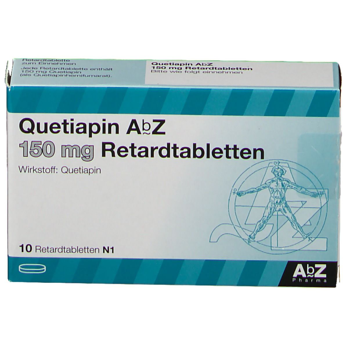 Schachtel mit Quetiapin AbZ 150 mg Retardtabletten. 10 Tabletten. AbZ Pharma Logo. Türkis und weiß.