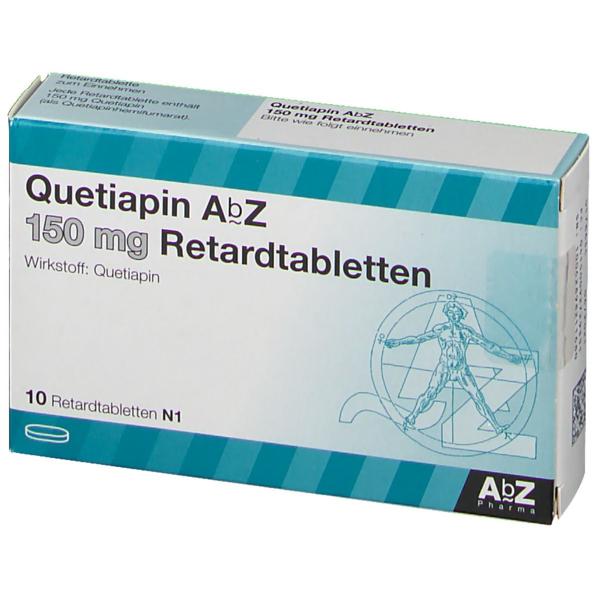 Schachtel mit Quetiapin AbZ 150 mg Retardtabletten. 10 Tabletten. AbZ Pharma Logo. Türkis und weiß.