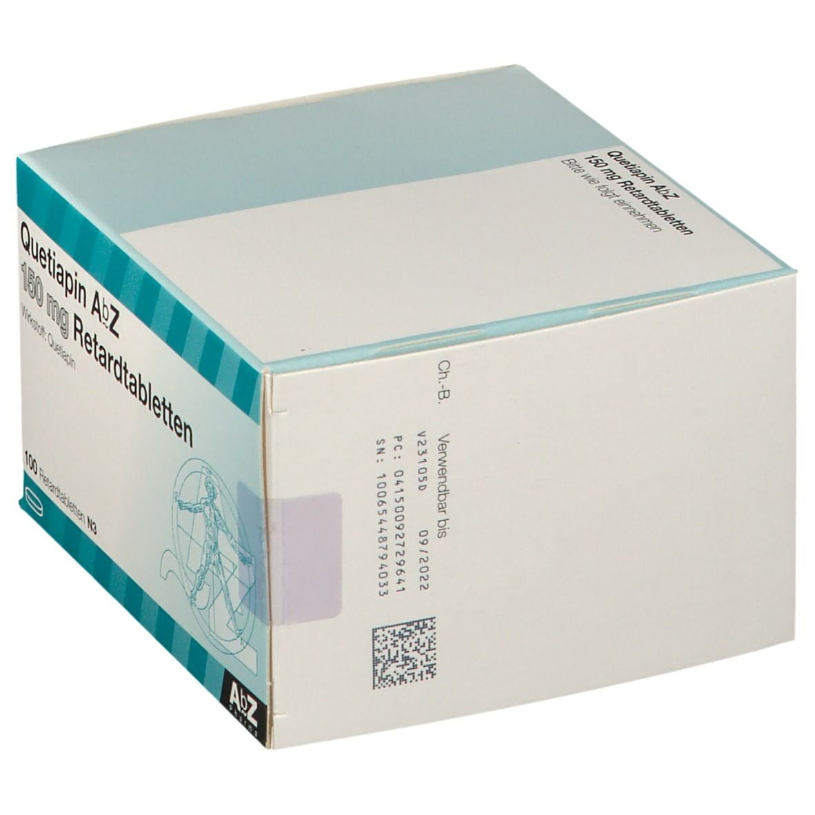 Karton mit "Quetiapin AbZ 150 mg Retardtabletten". Enthält Informationen und QR-Code. Logo von AbZ Pharma.