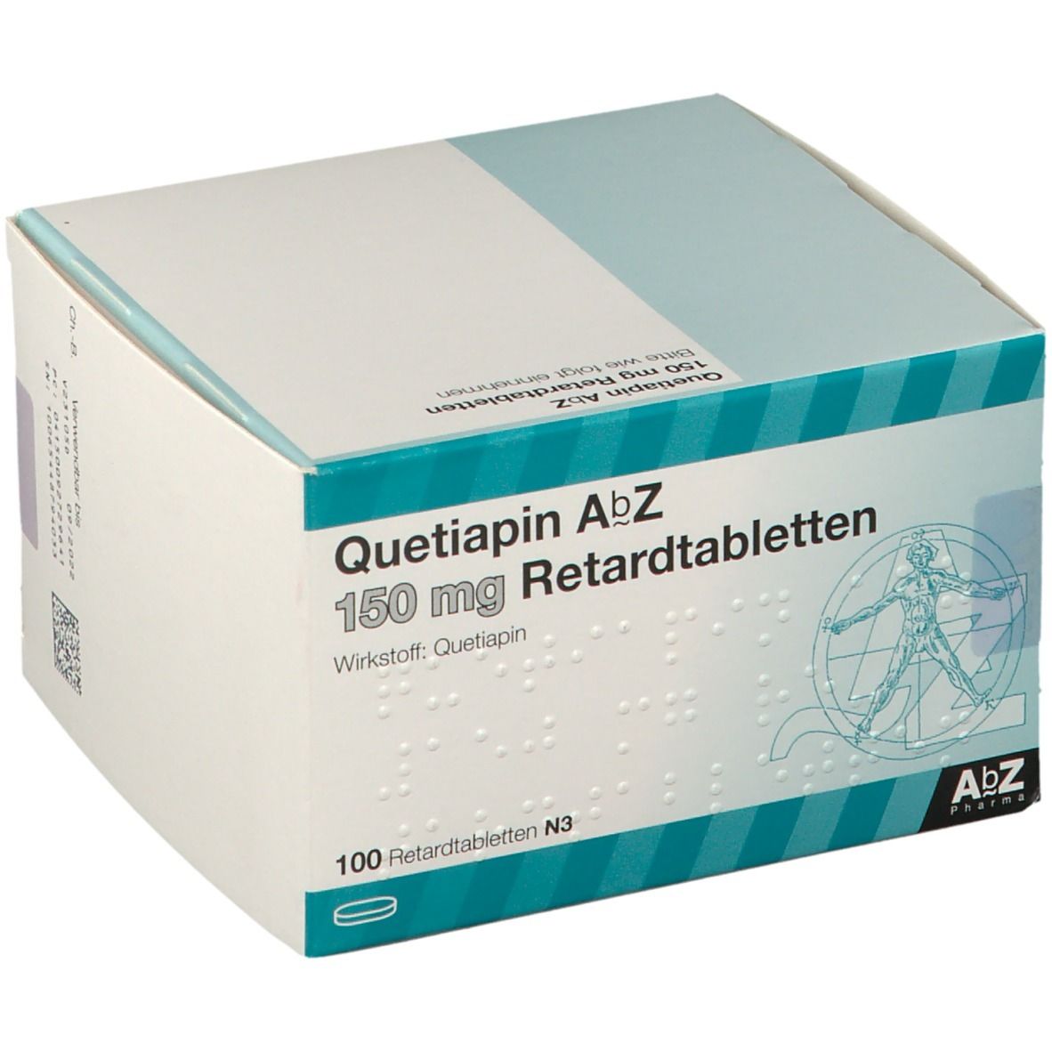 Karton mit "Quetiapin AbZ 150 mg Retardtabletten". Enthält 100 Tabletten. Logo von AbZ Pharma. Braille-Schrift.