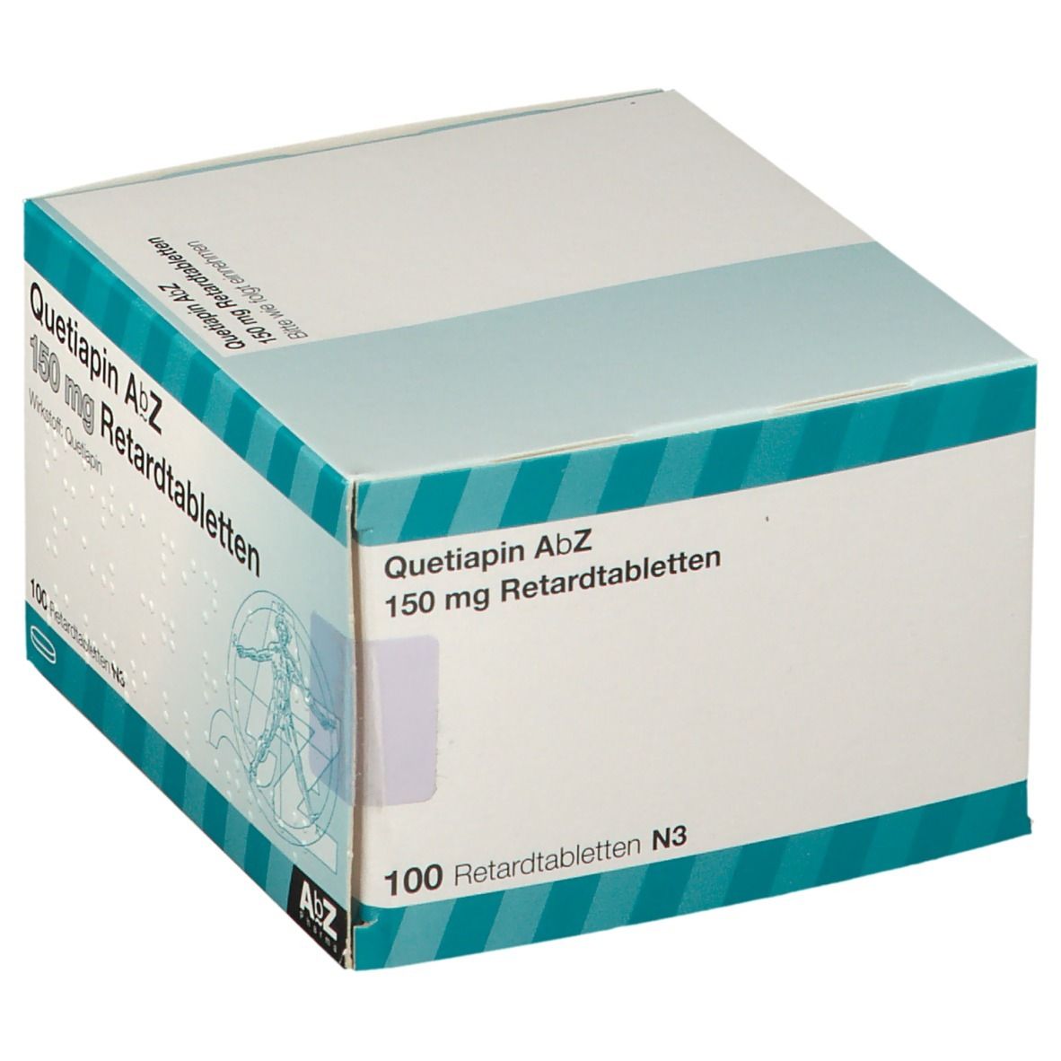 Karton mit "Quetiapin AbZ 150 mg Retardtabletten". Enthält 100 Tabletten. Logo von AbZ Pharma.