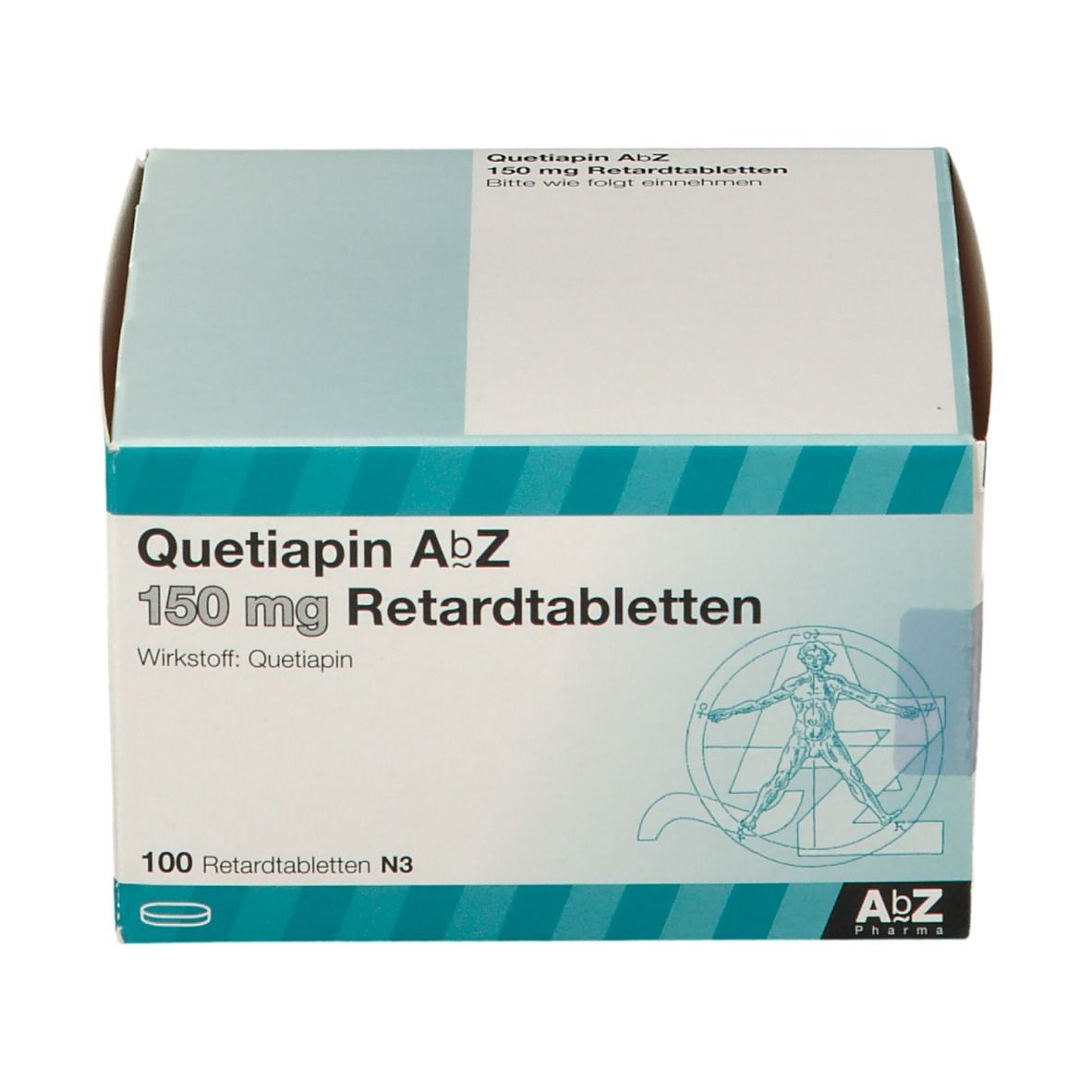 Karton mit "Quetiapin AbZ 150 mg Retardtabletten". Enthält 100 Tabletten. Logo von AbZ Pharma.