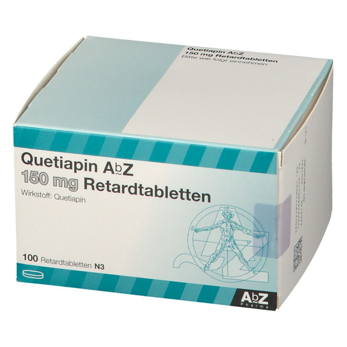 Karton mit "Quetiapin AbZ 150 mg Retardtabletten". Enthält 100 Tabletten. Logo von AbZ Pharma.