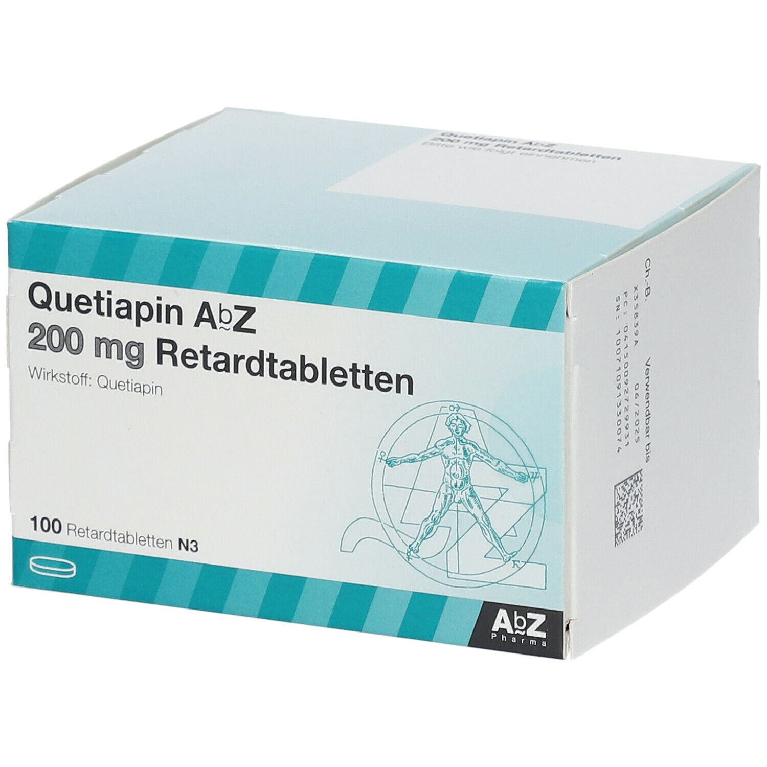 Schachtel mit Quetiapin AbZ 200 mg Retardtabletten. Aufschrift: 100 Retardtabletten N3. Logo AbZ Pharma.