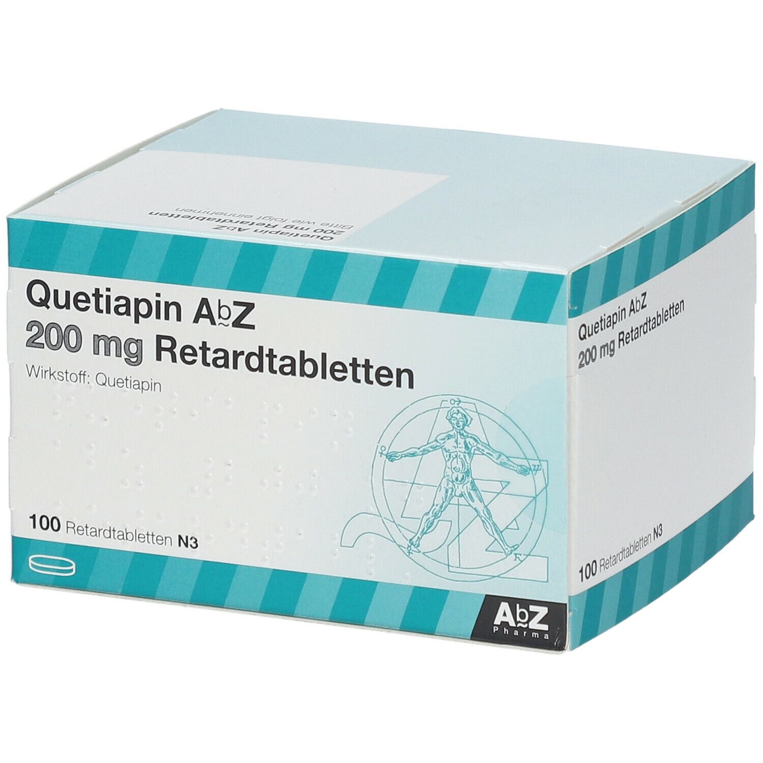 Schachtel mit Quetiapin AbZ 200 mg Retardtabletten. Aufschrift: 100 Retardtabletten N3. Logo AbZ Pharma.