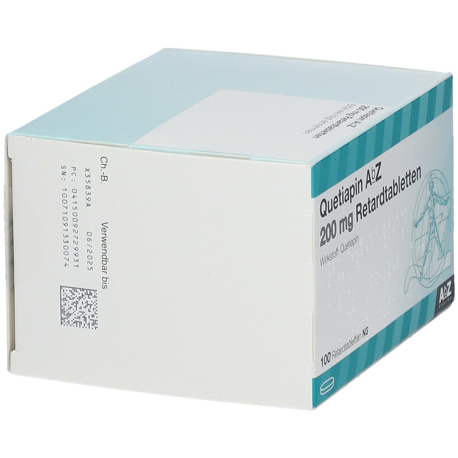 Schachtel mit Quetiapin AbZ 200 mg Retardtabletten. Aufschrift: 100 Retardtabletten N3. Logo AbZ Pharma. QR-Code und Verfallsdatum.