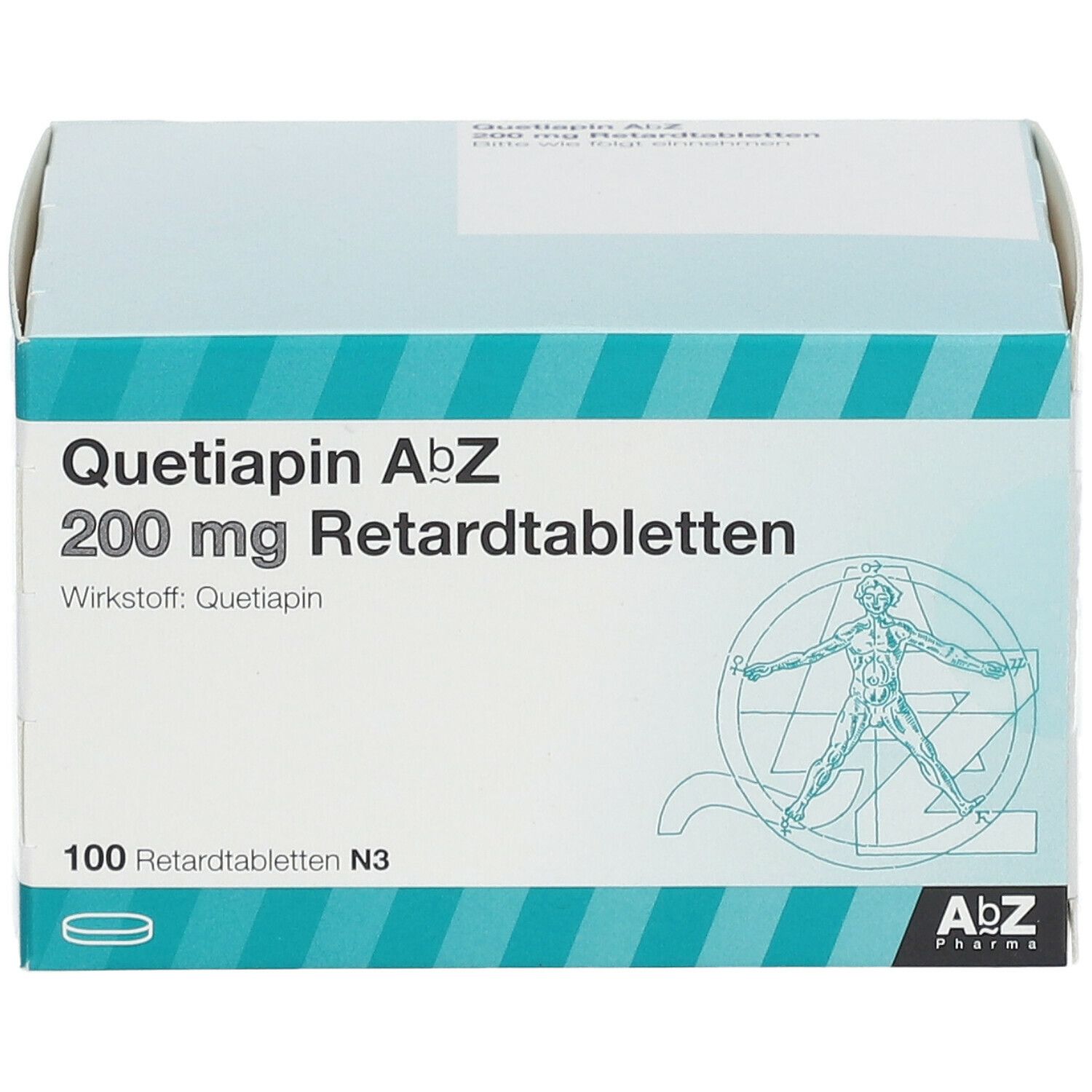 Schachtel mit Quetiapin AbZ 200 mg Retardtabletten. Aufschrift: 100 Retardtabletten N3. Logo AbZ Pharma.