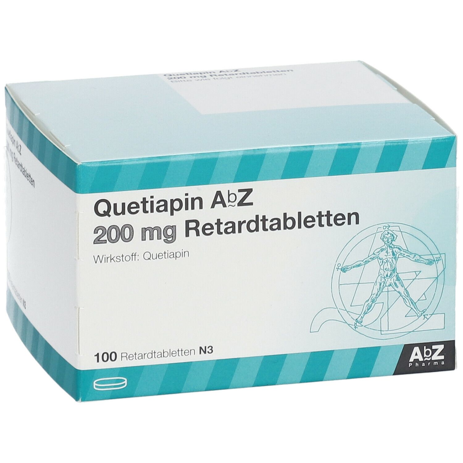 Schachtel mit Quetiapin AbZ 200 mg Retardtabletten. Aufschrift: 100 Retardtabletten N3. Logo AbZ Pharma.