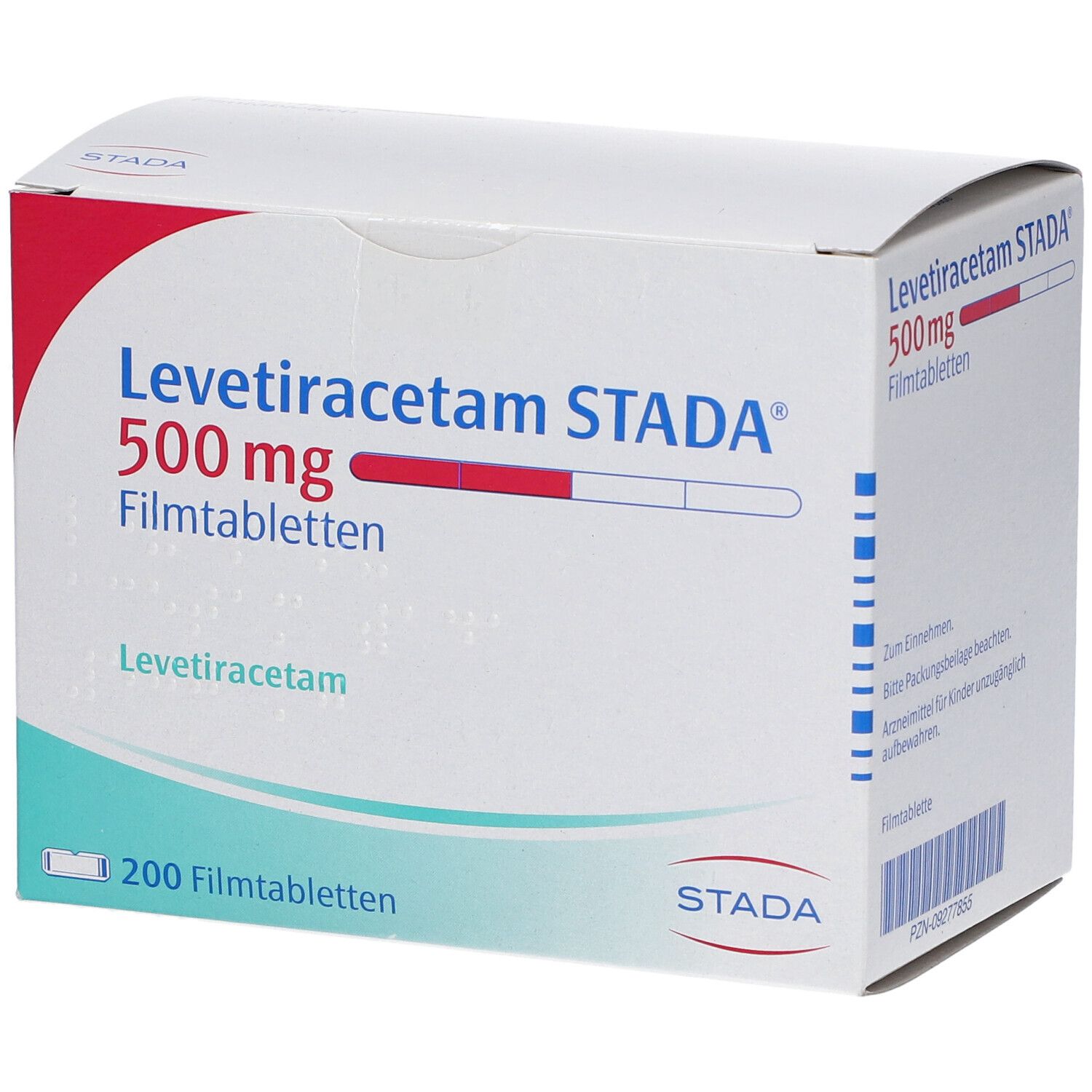 Schachtel LEVETIRACETAM STADA® 500 mg Filmtabletten. Aufschrift: 500 mg Filmtabletten, 200 Filmtabletten. STADA-Logo. Rote und weiße Farbgebung.