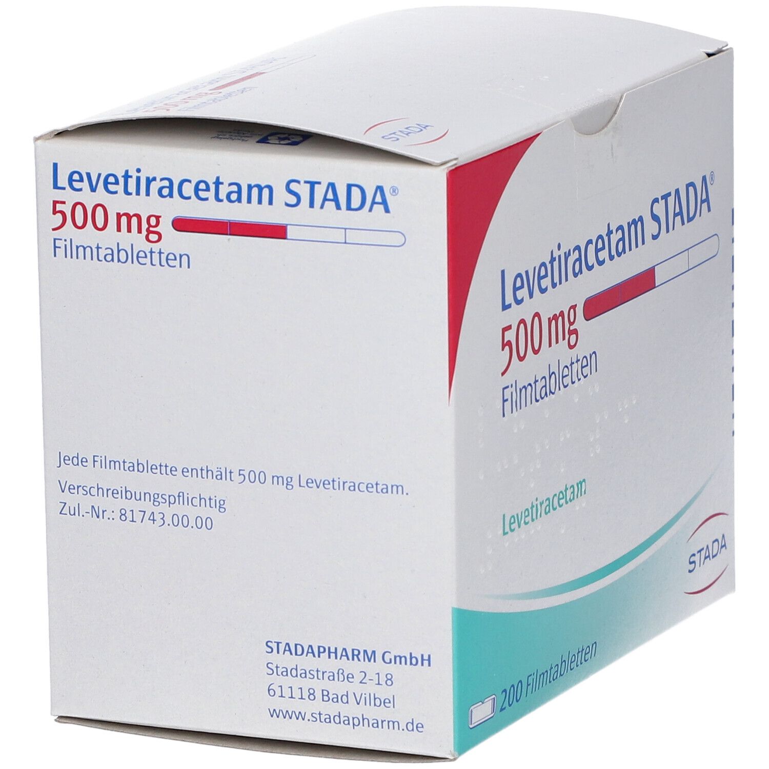 Schachtel LEVETIRACETAM STADA® 500 mg Filmtabletten. Aufschrift: 500 mg Filmtabletten, 200 Filmtabletten. STADA-Logo. Detailansicht mit Text.