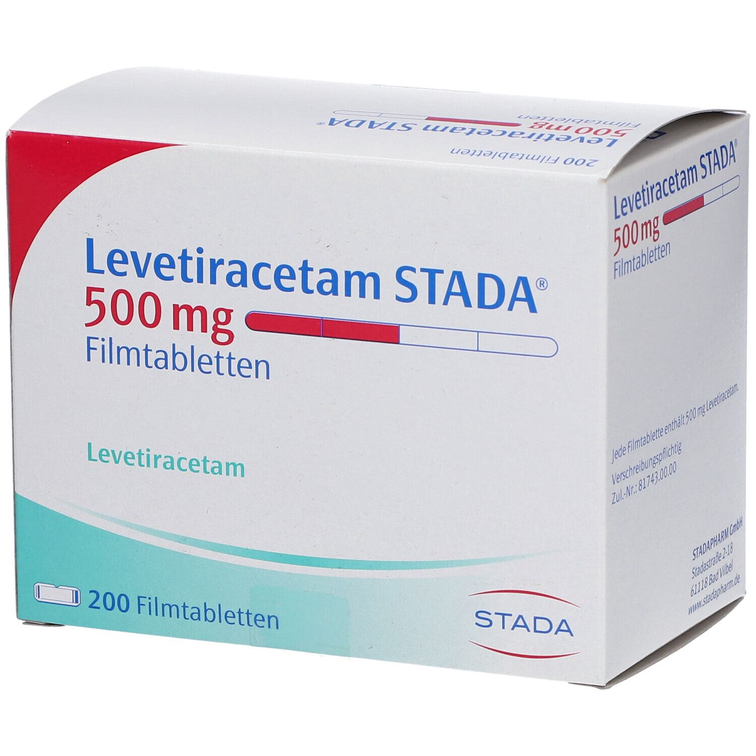 Schachtel LEVETIRACETAM STADA® 500 mg Filmtabletten. Aufschrift: 500 mg Filmtabletten, 200 Filmtabletten. STADA-Logo. Detailansicht.
