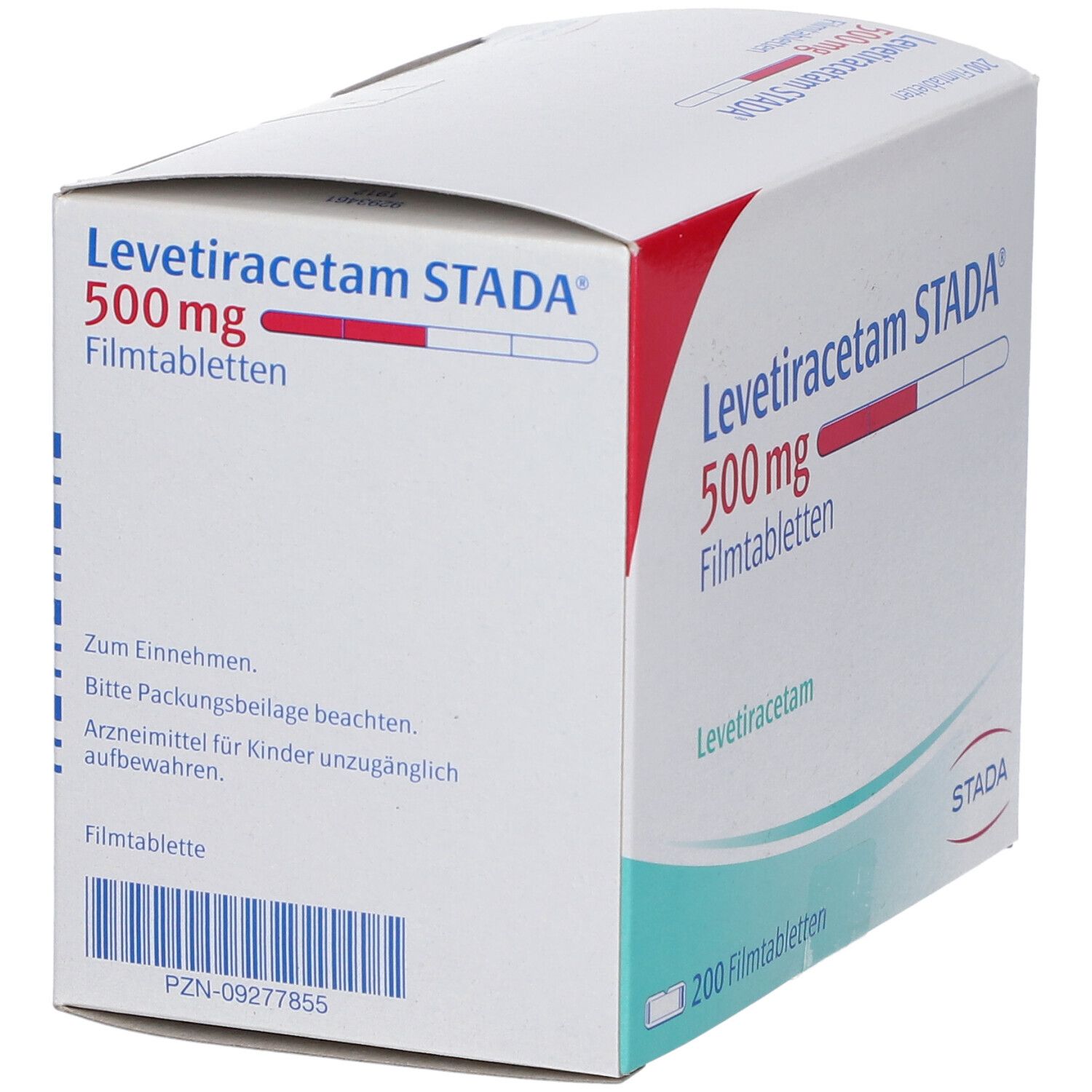 Schachtel LEVETIRACETAM STADA® 500 mg Filmtabletten. Aufschrift: 500 mg Filmtabletten, 200 Filmtabletten. STADA-Logo. Detailansicht.