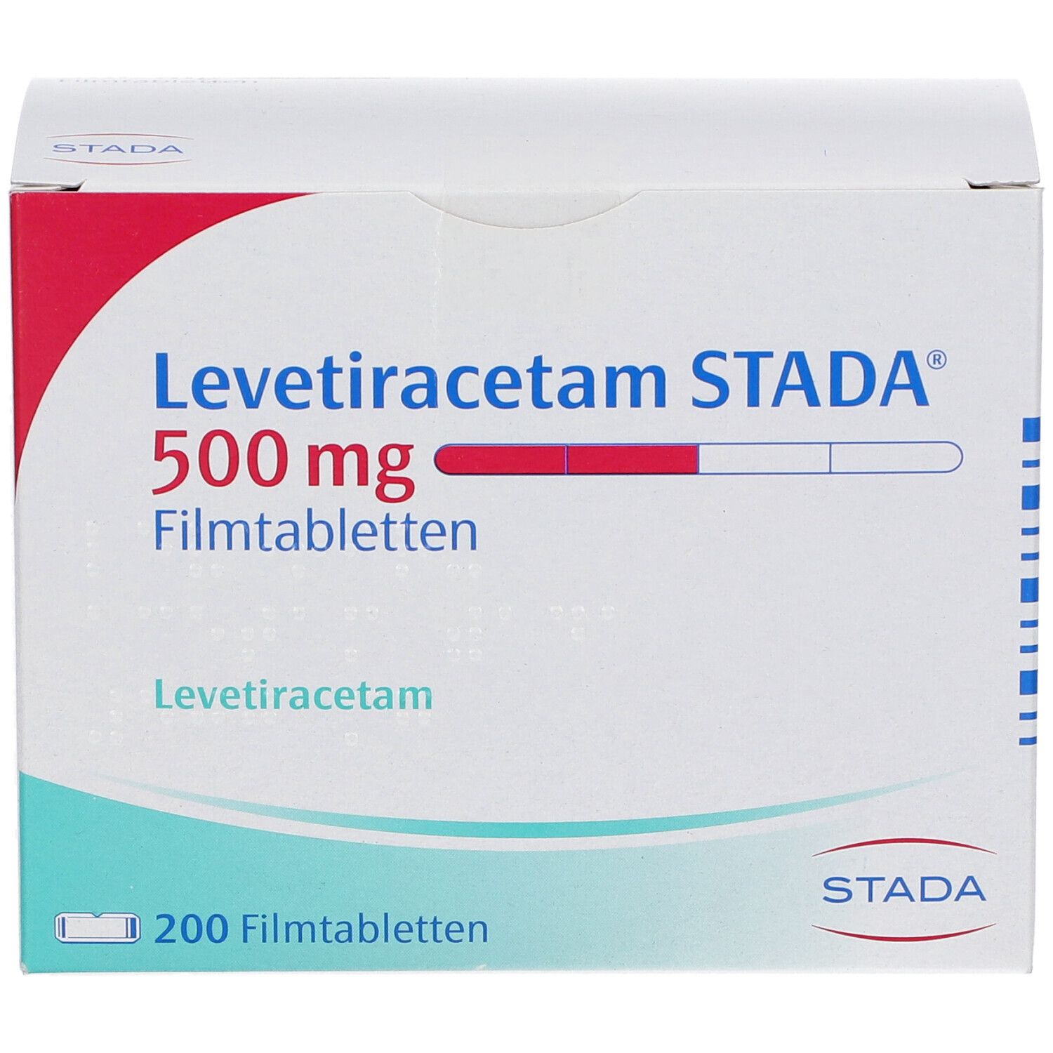 Schachtel LEVETIRACETAM STADA® 500 mg Filmtabletten. Aufschrift: 500 mg Filmtabletten, 200 Filmtabletten. STADA-Logo. Detailansicht.