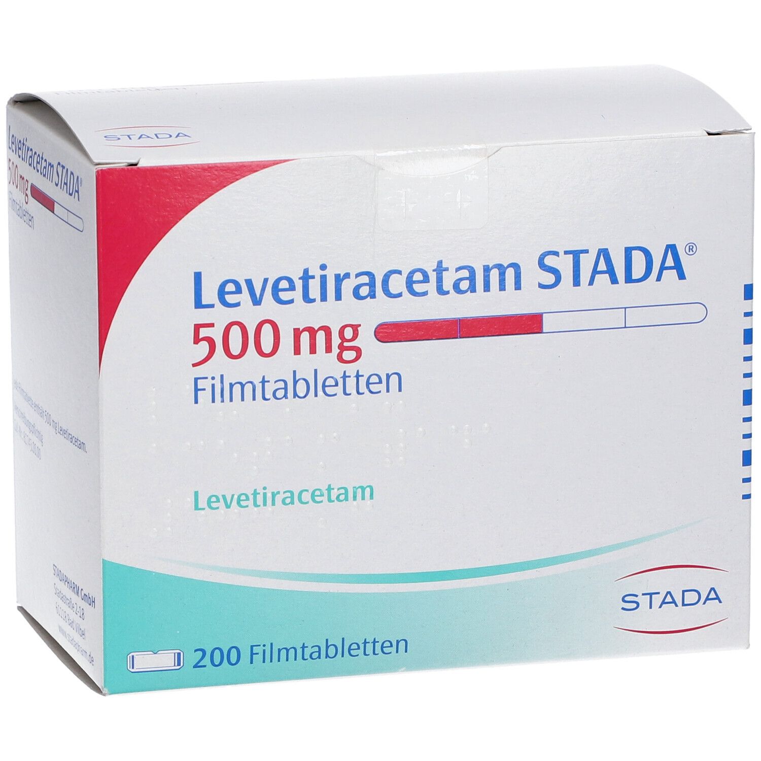 Schachtel LEVETIRACETAM STADA® 500 mg Filmtabletten. Aufschrift: 500 mg Filmtabletten, 200 Filmtabletten. STADA-Logo. Detailansicht.