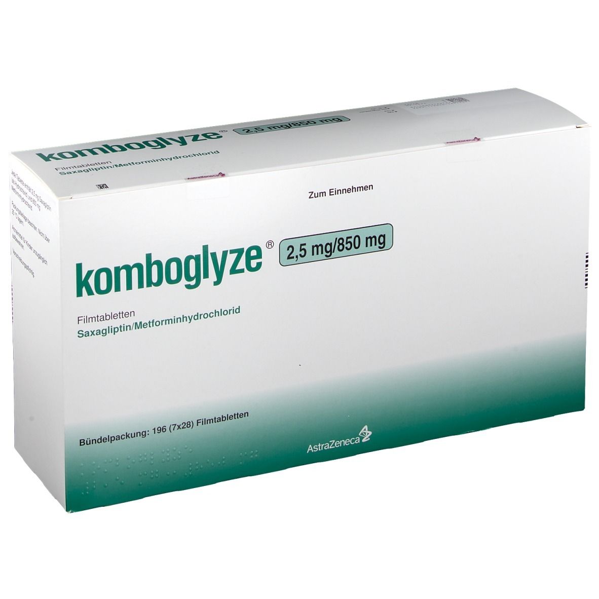 Komboglyze®-Verpackung, 2,5 mg/850 mg. Weiße Schachtel mit grünen und schwarzen Schriftzügen. Enthält Tabletten.