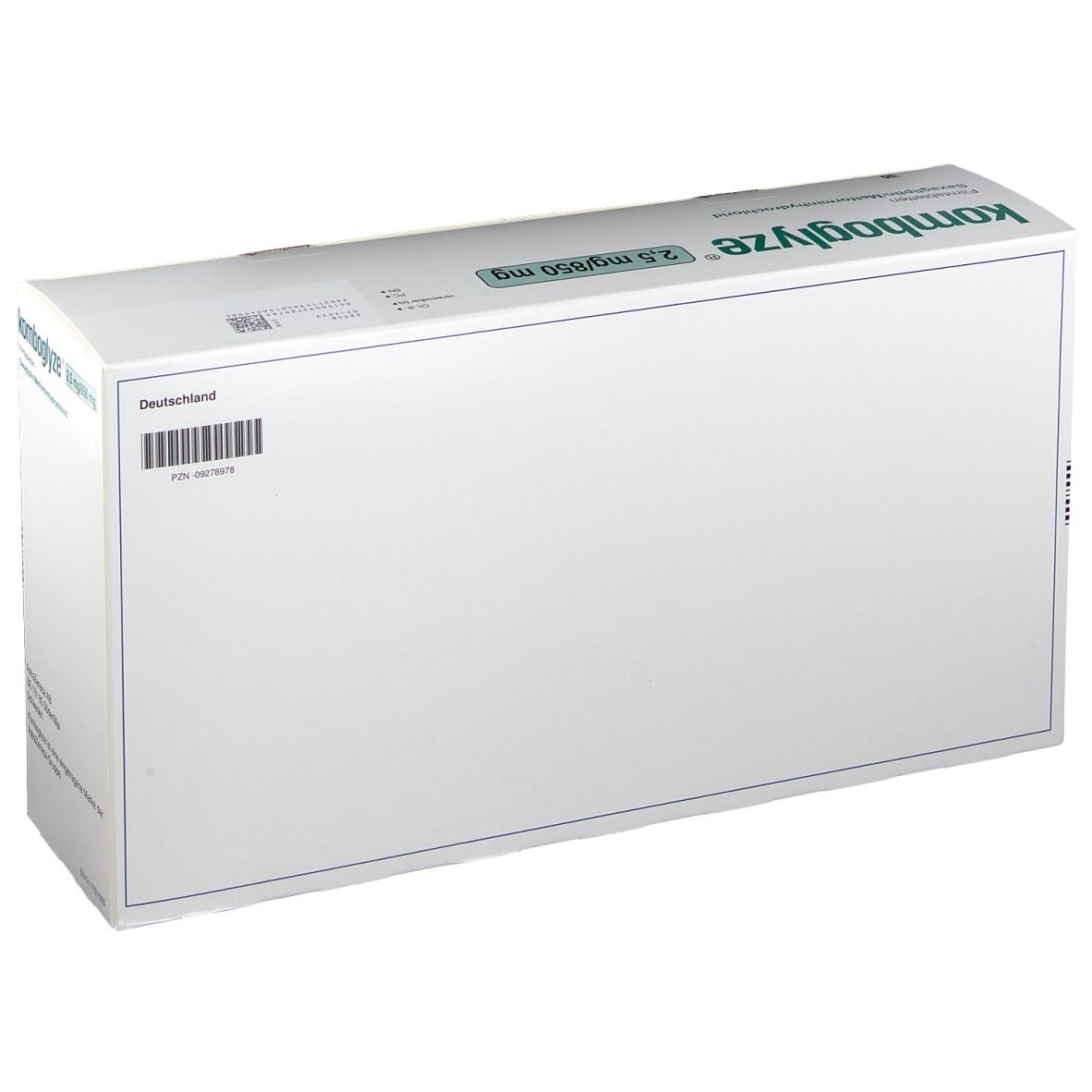 Rückseite der Komboglyze®-Verpackung. Weiße Schachtel mit Barcode und Text. Hergestellt in Deutschland.