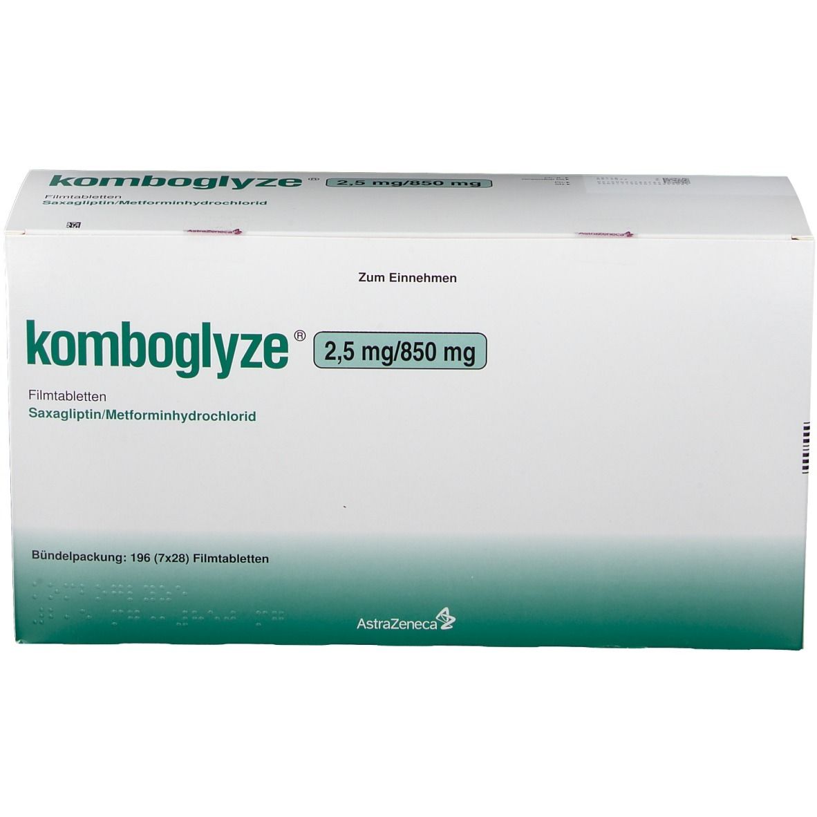 Komboglyze®-Verpackung, 2,5 mg/850 mg. Weiße Schachtel mit grünen und schwarzen Schriftzügen. Ansicht von oben.