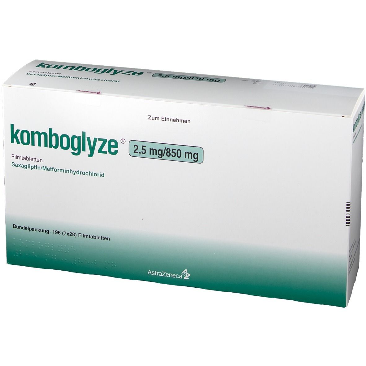 Komboglyze®-Verpackung, 2,5 mg/850 mg. Weiße Schachtel mit grünen und schwarzen Schriftzügen. Ansicht von vorne.