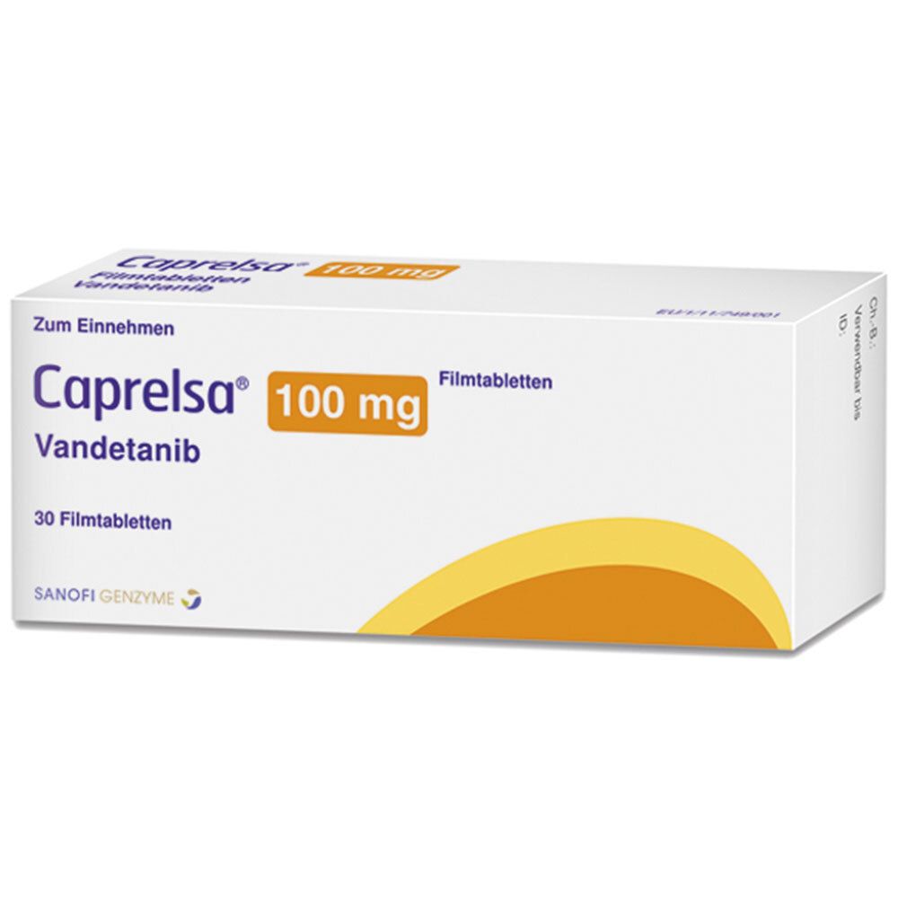 Weiße Schachtel mit Aufschrift Caprelsa 100 mg Filmtabletten. Enthält 30 Tabletten. Sanofi Genzyme Logo.